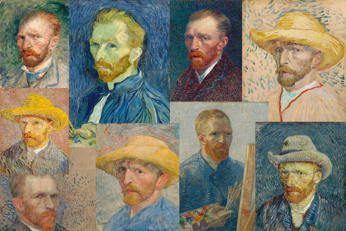 Nove autoritratti di Vincent van Gogh, dipinti per lo più a Parigi tra il 1886 e il 1888, alcuni con il cappello di paglia