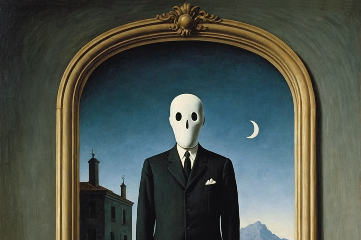 Masked man in a suit under an arched frame, a Posterscape tribute poster inspired by René Magritte
