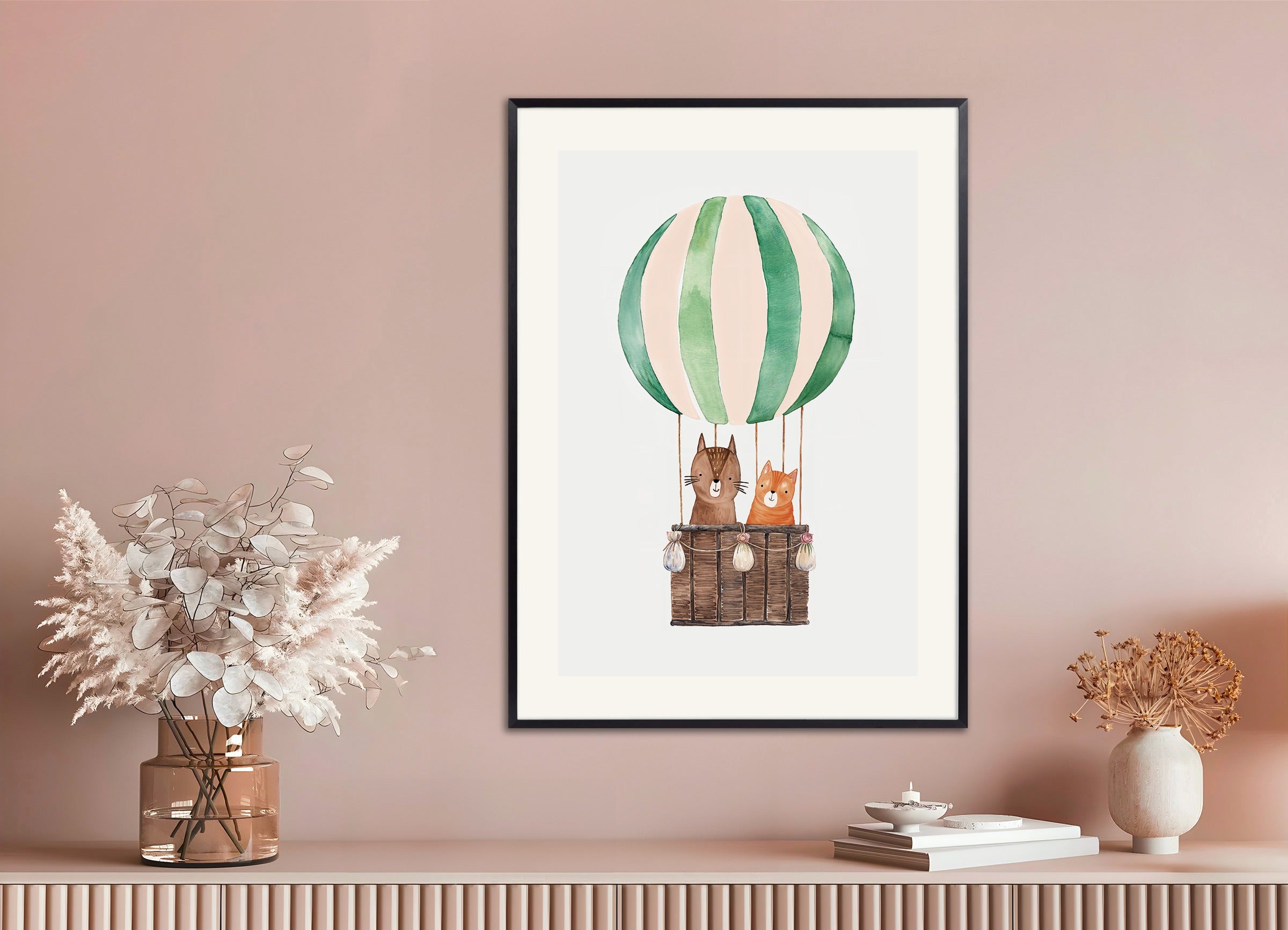 Poster with metal frame: Two cats travel in a hot air balloon