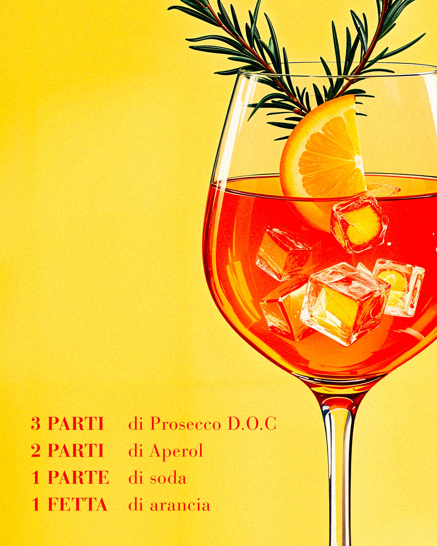 Glass of Spritz cocktail with ice cubes, lemon slice, and rosemary on a yellow background