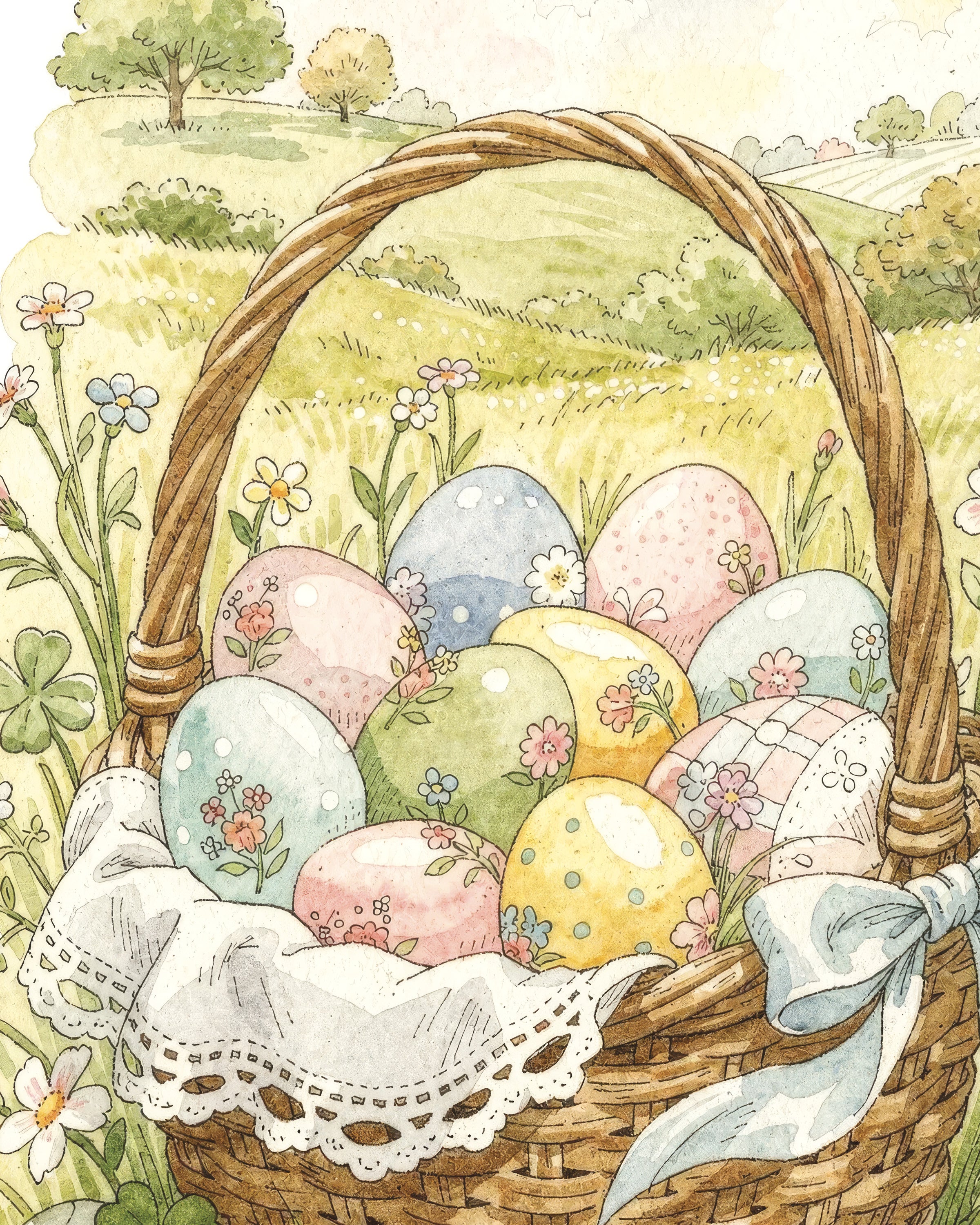 Cesto di Pasqua nel Prato - Poster Acquerello Pastello