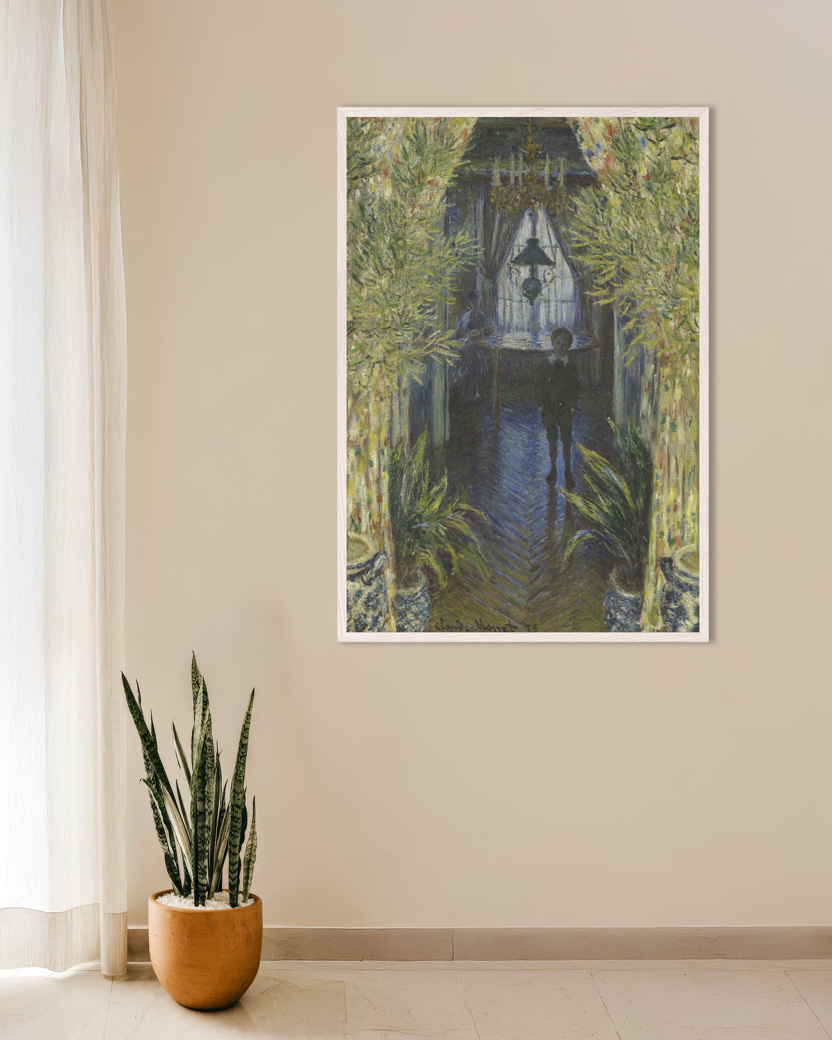 Poster Un angolo dell'appartamento (1875) di Claude Monet con cornice in legno bianco