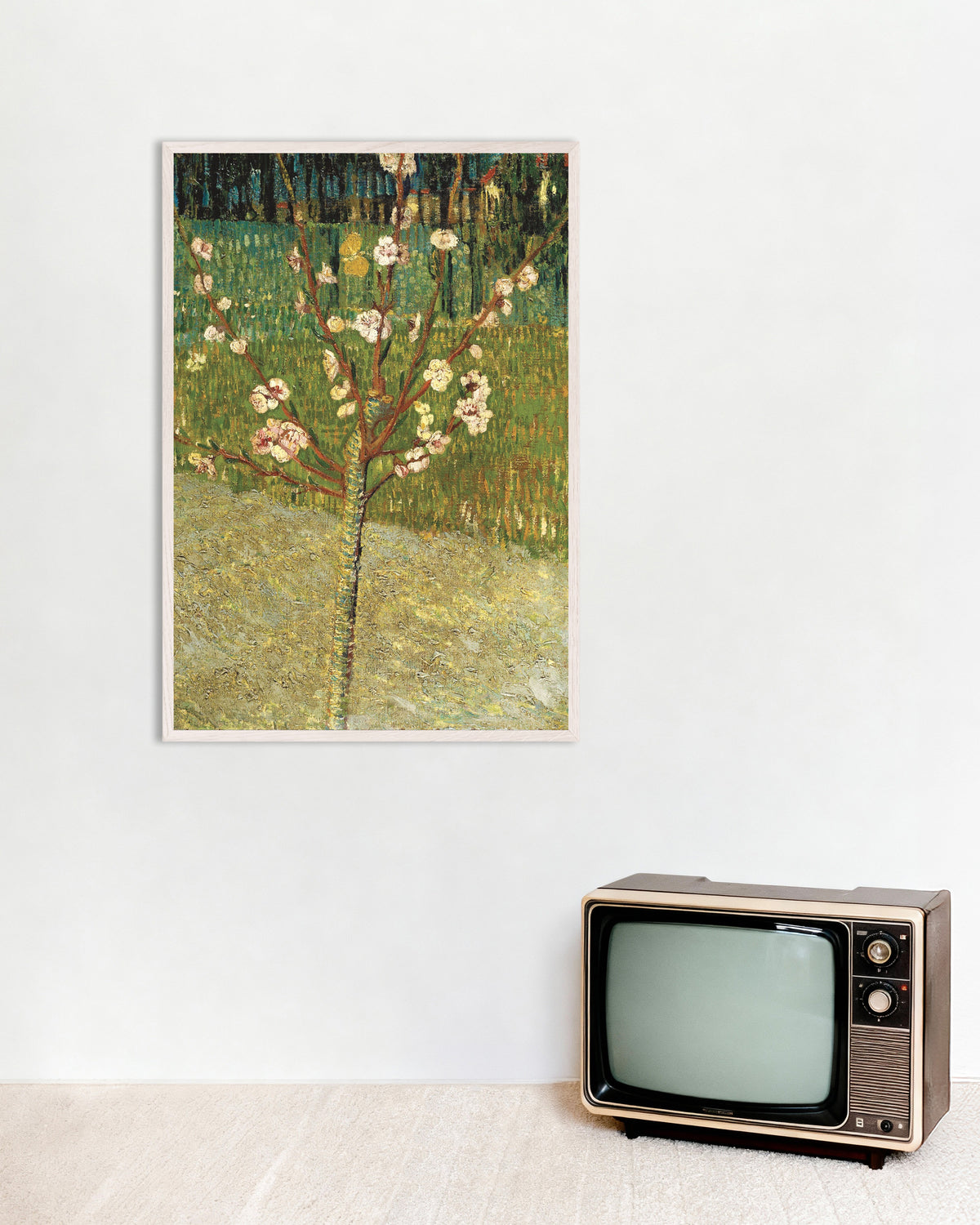 Poster di Mandorlo in fiore (1888) di Vincent van Gogh, con cornice in legno bianco