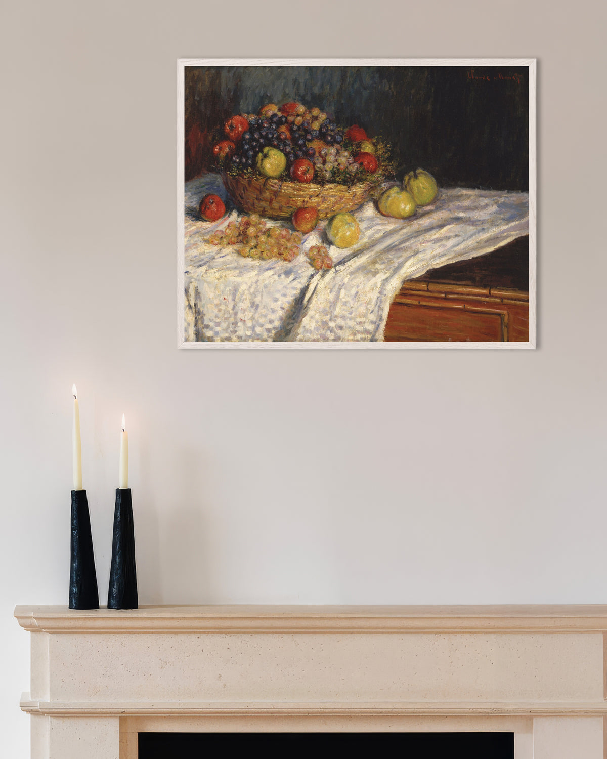 Poster Mele e uva (1879–1880) di Claude Monet con cornice in legno bianco