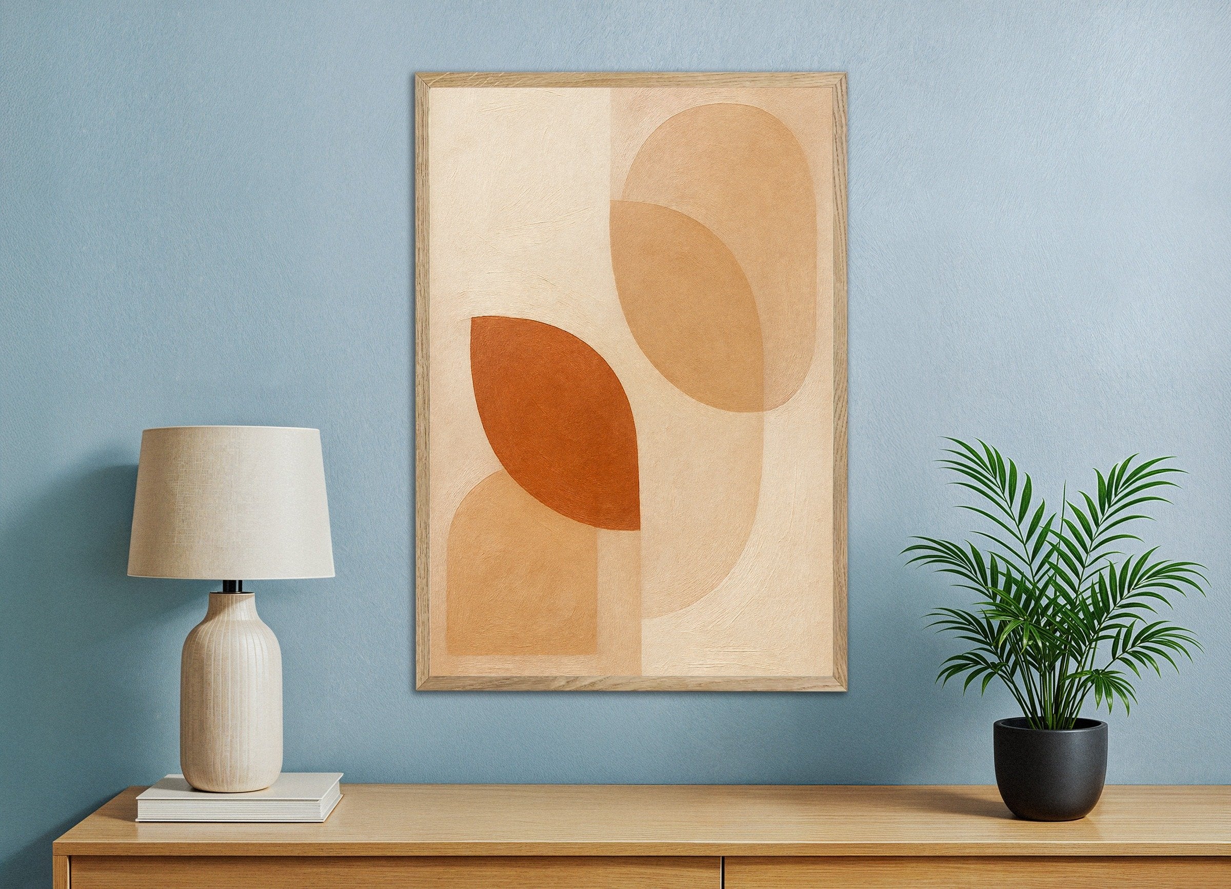 Poster of Autumn Foliage – abstract earth-toned leaf shapes, with natural wooden frame