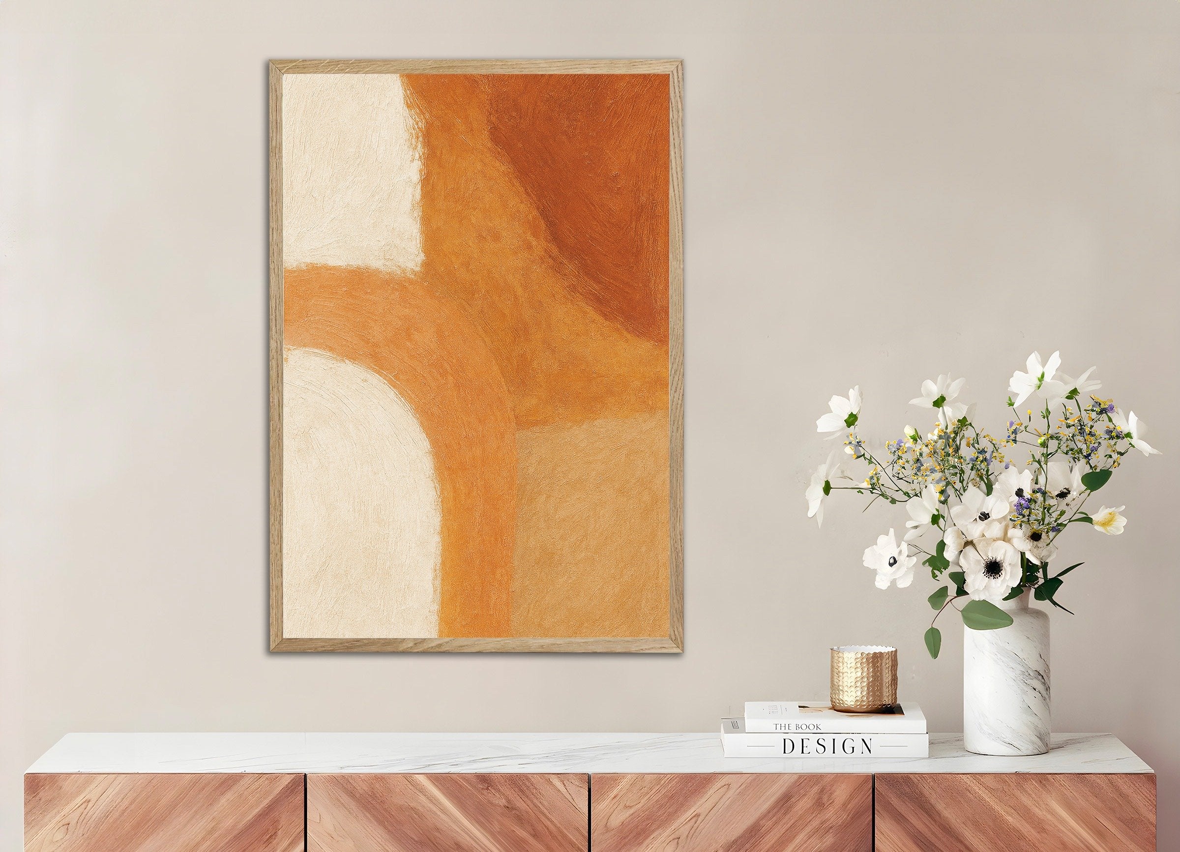 Poster of Autumnal Vibes – textured abstract poster in warm tones, with natural wooden frame