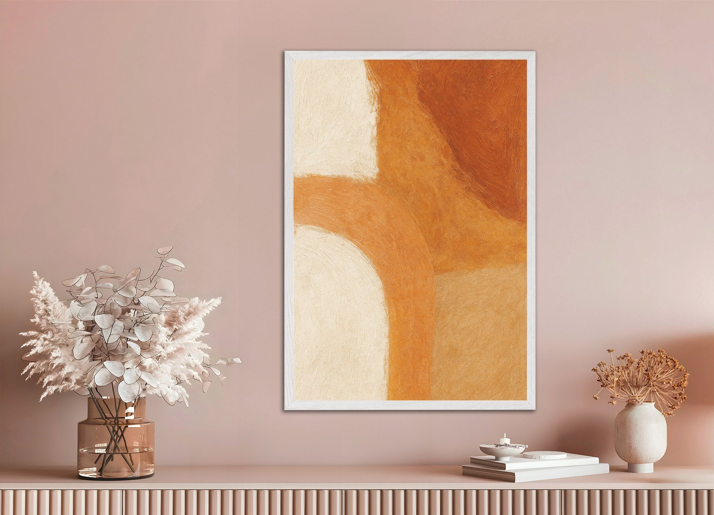 Poster of Autumnal Vibes – textured abstract poster in warm tones, with white wooden frame