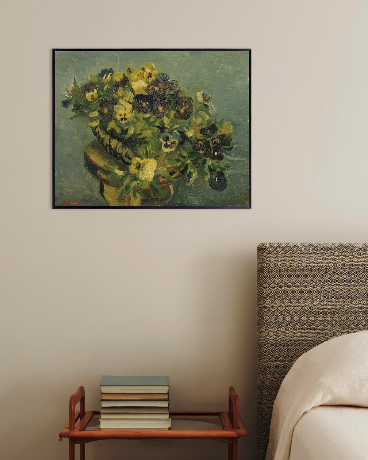 Poster di Cesto di viole del pensiero su un tavolino (1887) di Vincent van Gogh, con cornice in metallo