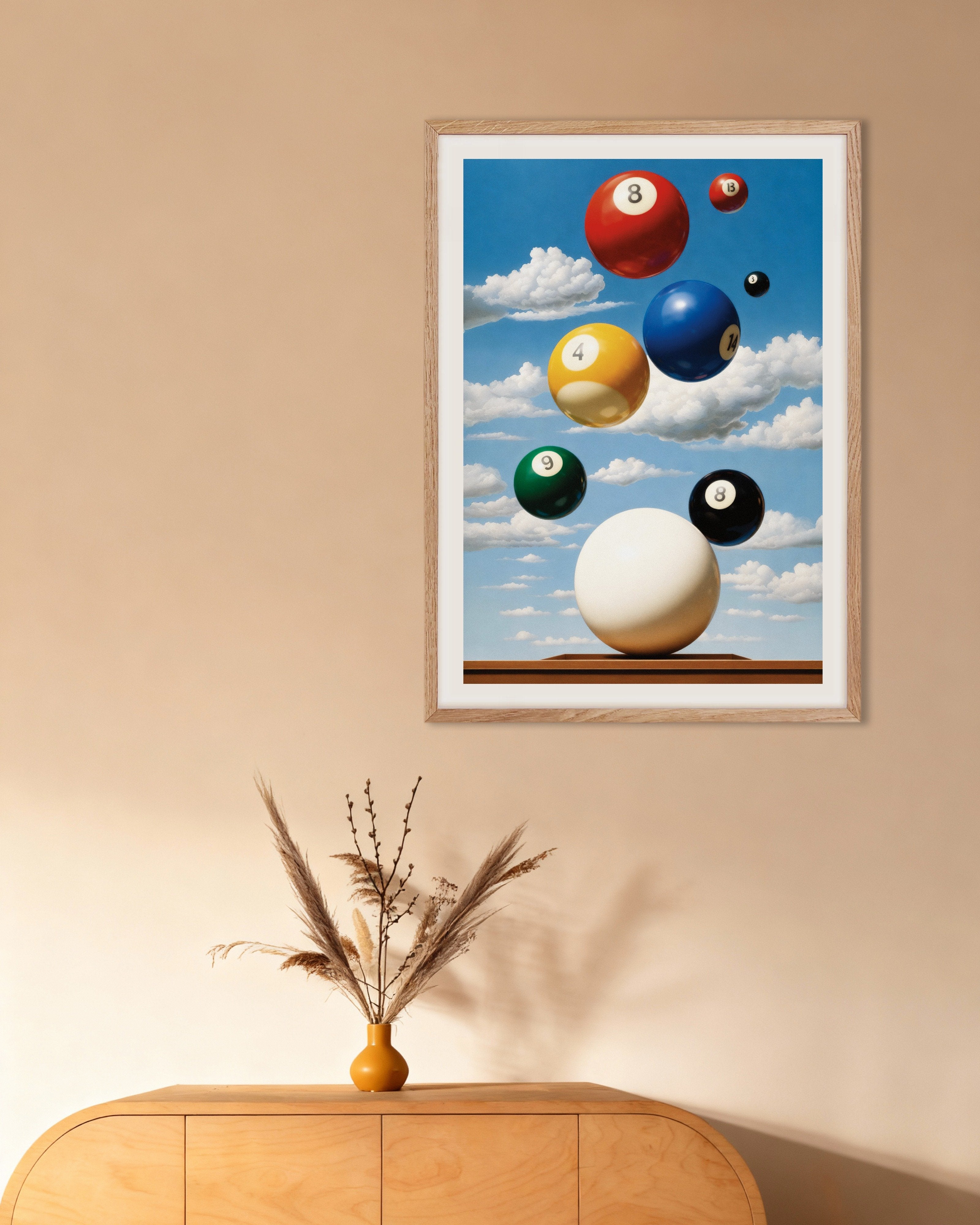 Poster of Billiard poster – Surreal sports art print, with natural wooden frame
