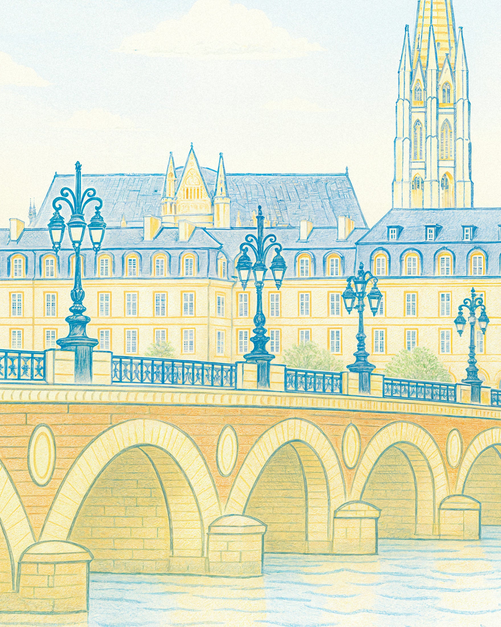 Poster di Bordeaux – Stampa d'Arte di Paesaggio Urbano Disegnata a Mano in Pastelli Sofisticati