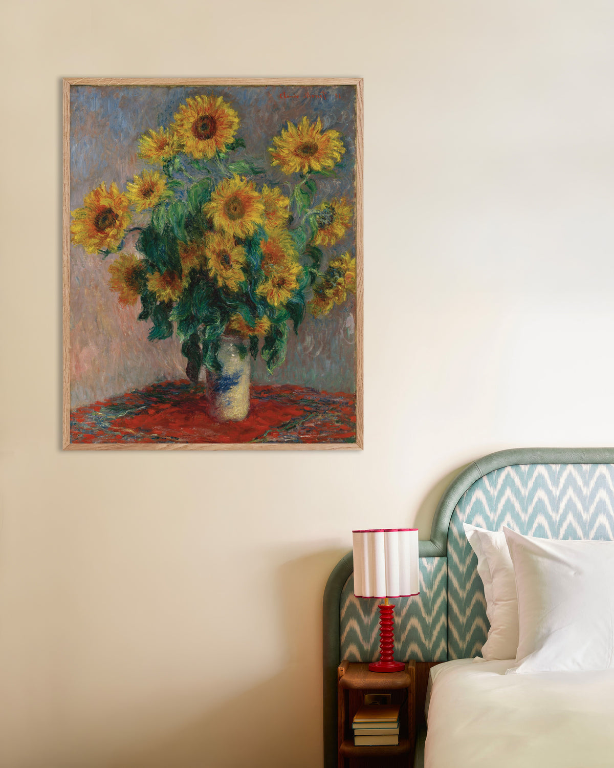Poster Bouquet di girasoli (1881) di Claude Monet con cornice in legno naturale