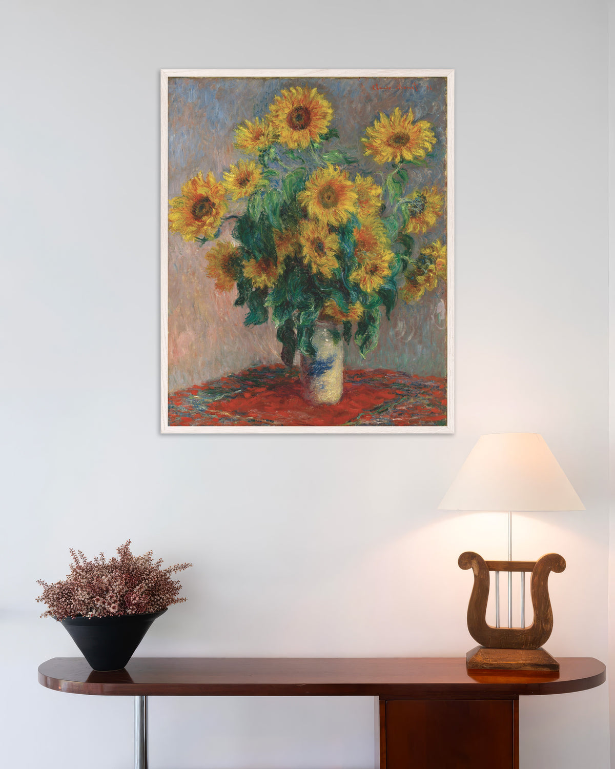 Poster Bouquet di girasoli (1881) di Claude Monet con cornice in legno bianco