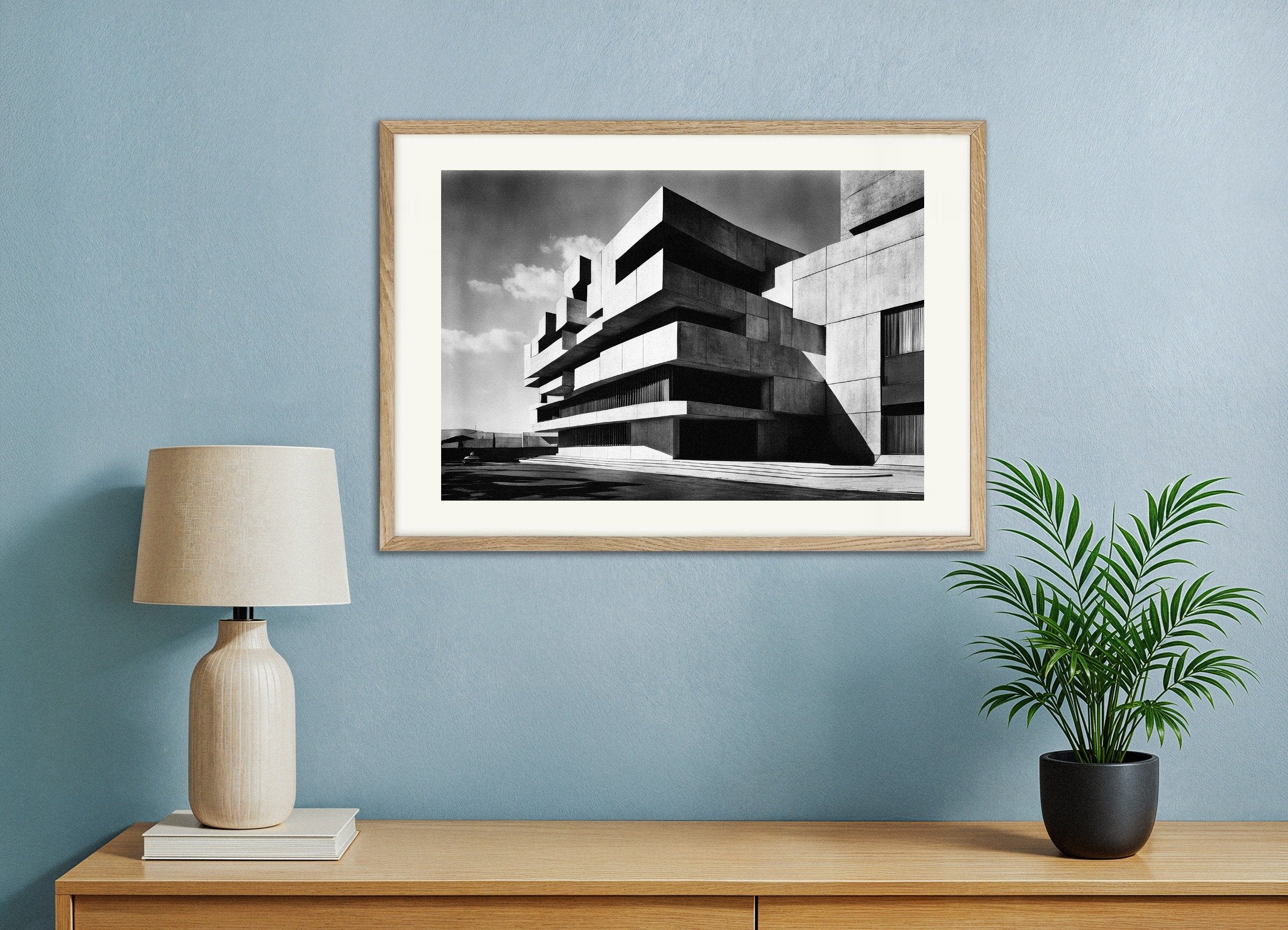 Poster of Brutalist architecture poster – Modern concrete design, with natural wooden frame