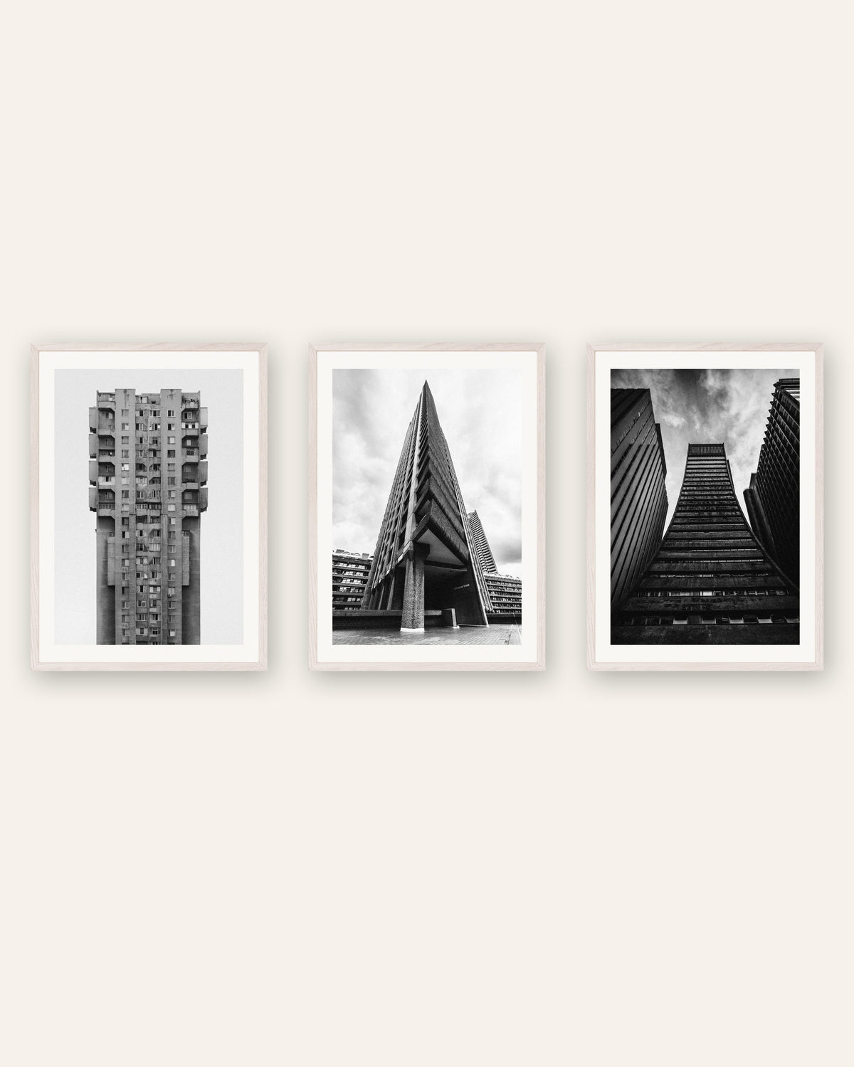 Poster brutalisti, set da 3: torri di cemento, con cornici in rovere bianco