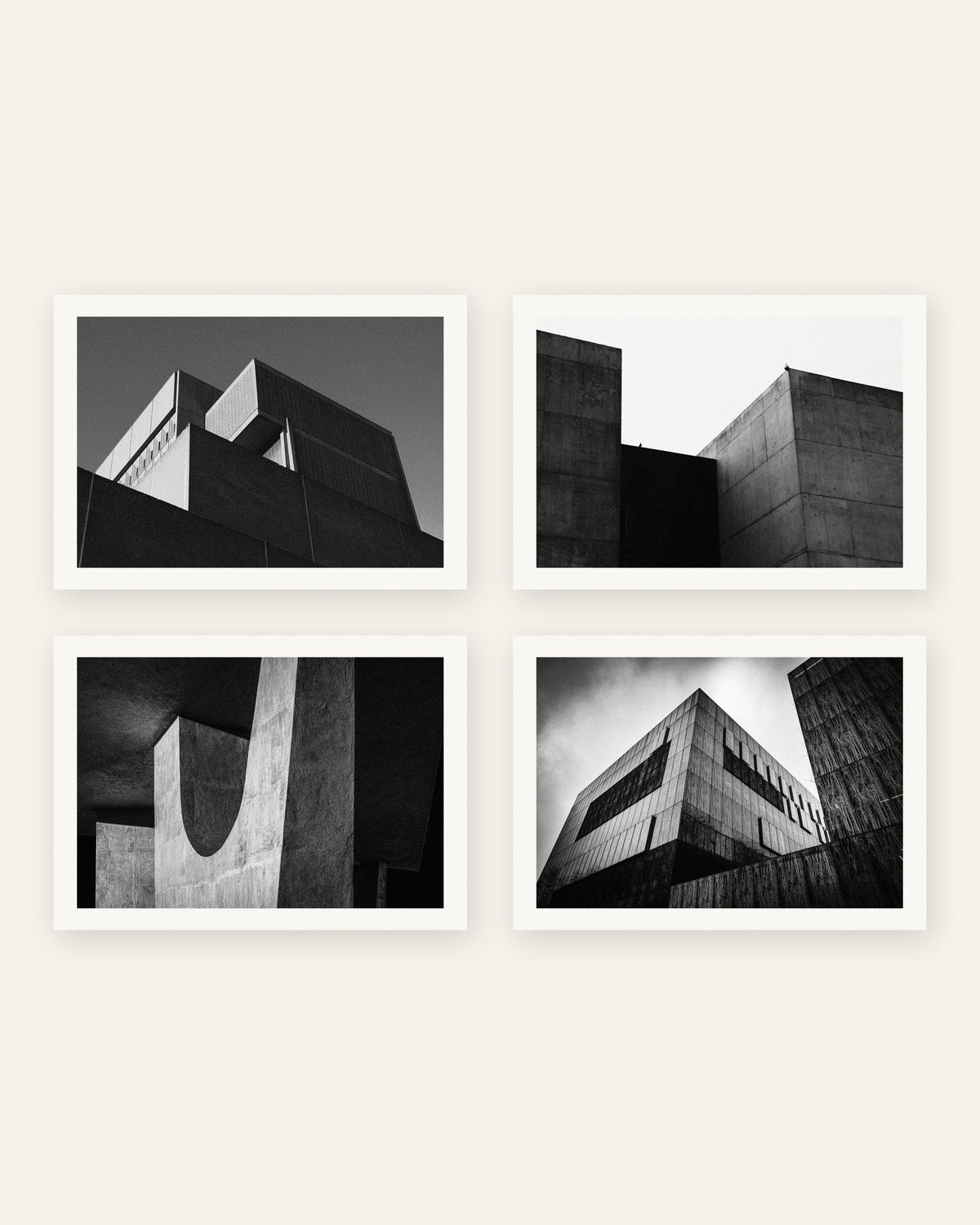 Poster brutalisti, set da 4: volumi di cemento minimalisti, senza cornice
