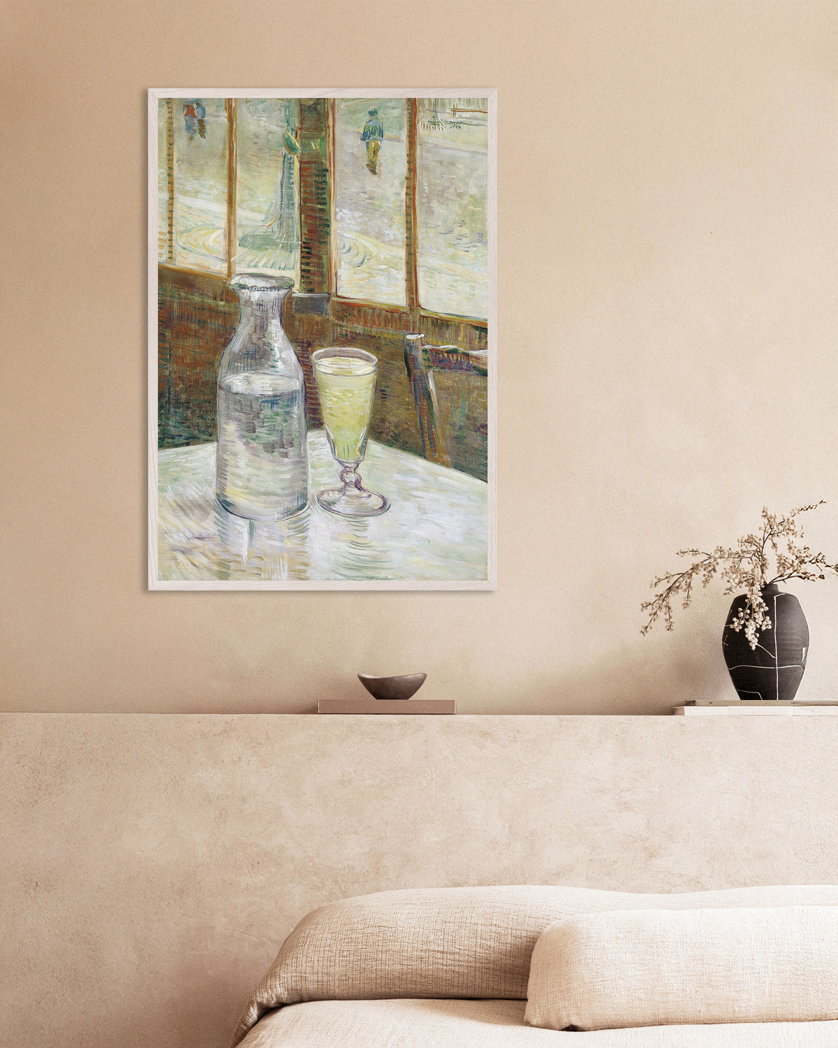 Poster di Tavolino di caffè con assenzio (1887) di Vincent van Gogh, con cornice in legno bianco