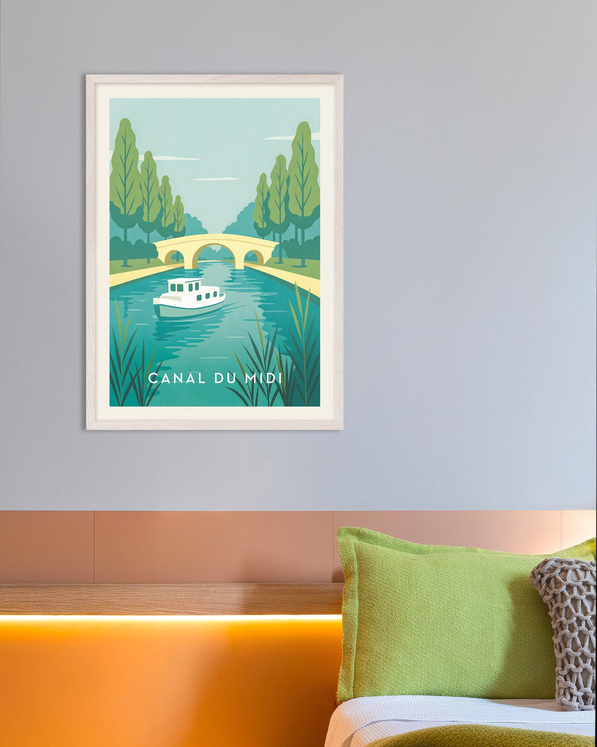 Poster di viaggio del Canal du Midi: la via d’acqua francese, con cornice in legno bianco