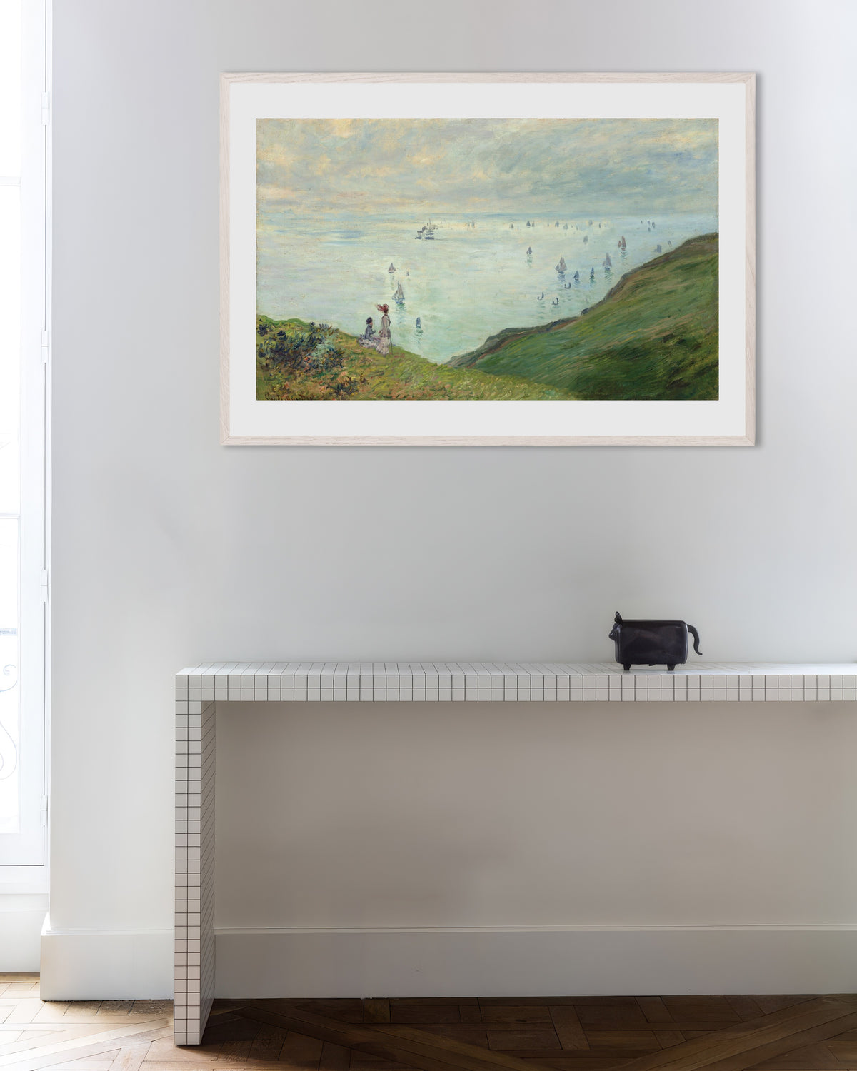 Poster Scogliere a Pourville (1882) di Claude Monet con cornice in legno bianco