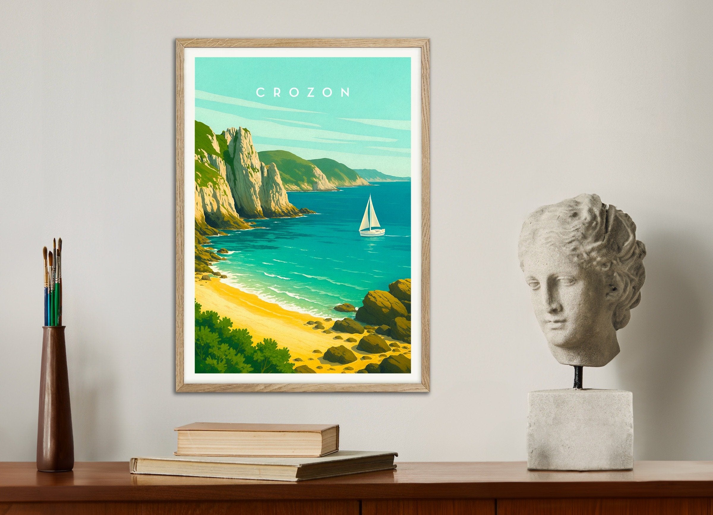 Poster of Crozon Travel Poster - Brittany Coast, with natural wooden frame