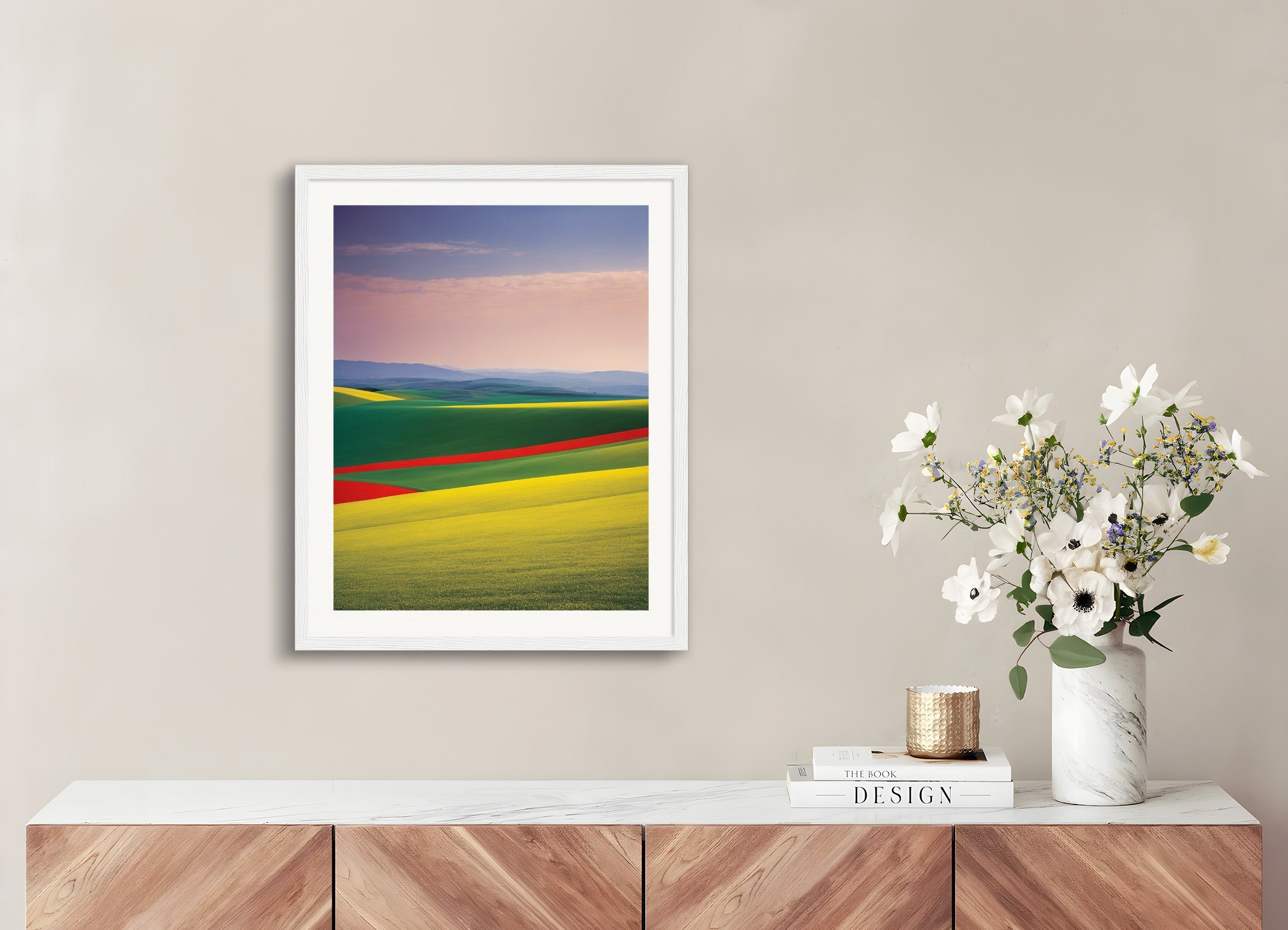 Poster with wood frame: Colorful and abstract images, capturing geometric compositions in landscapes,