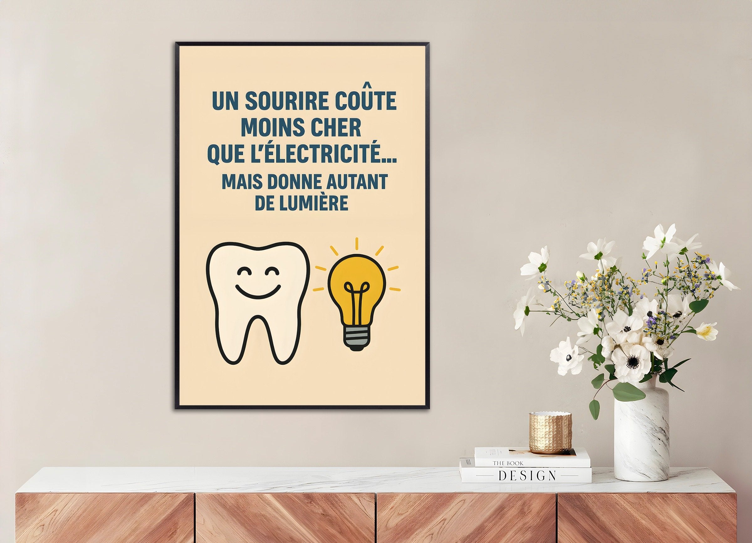 Poster of Dental Office Poster - A Smile Costs Less Than Electricity, with metal frame