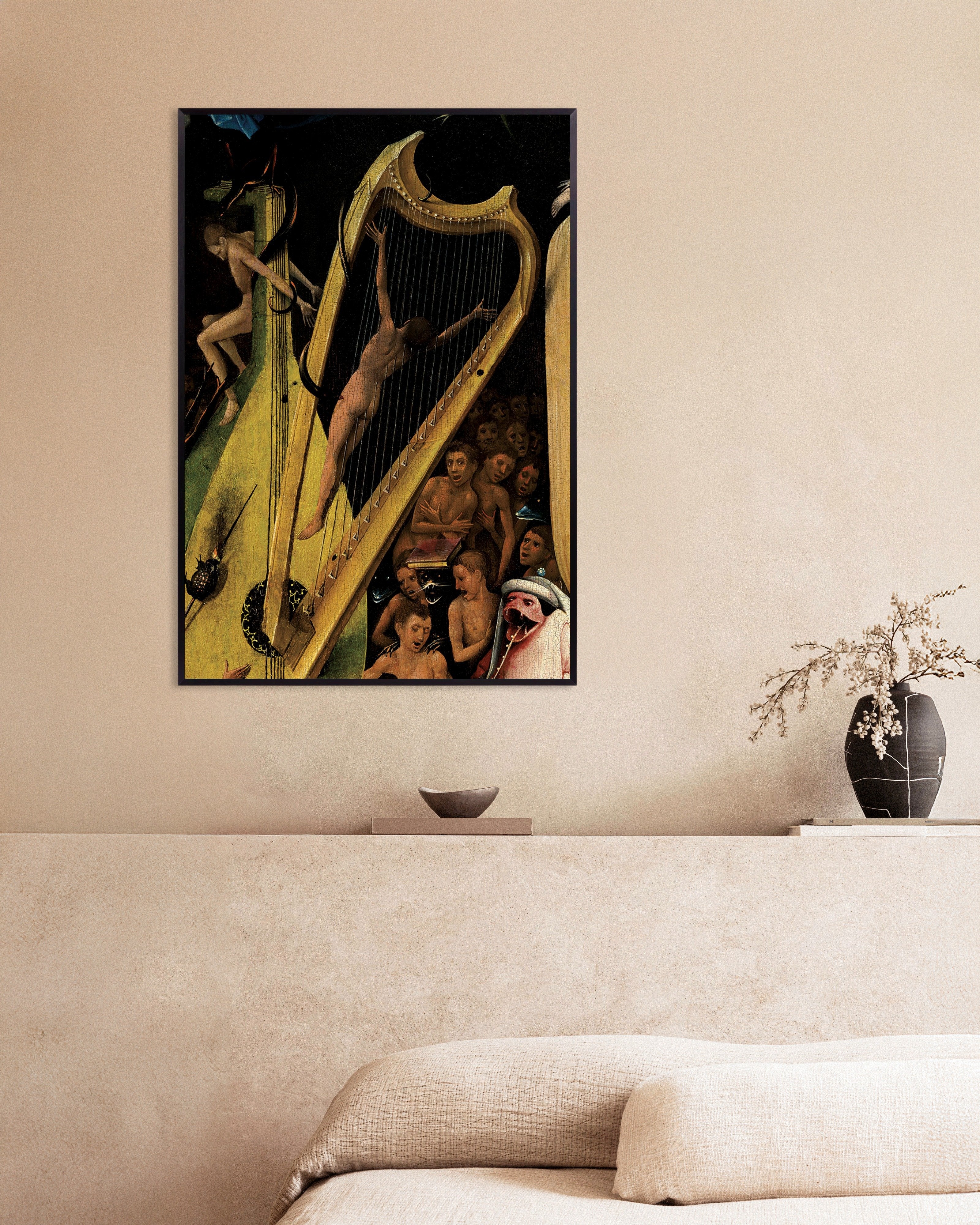 Poster of Detail from The Garden of Earthly Delights: the musical instruments of hell, with metal frame