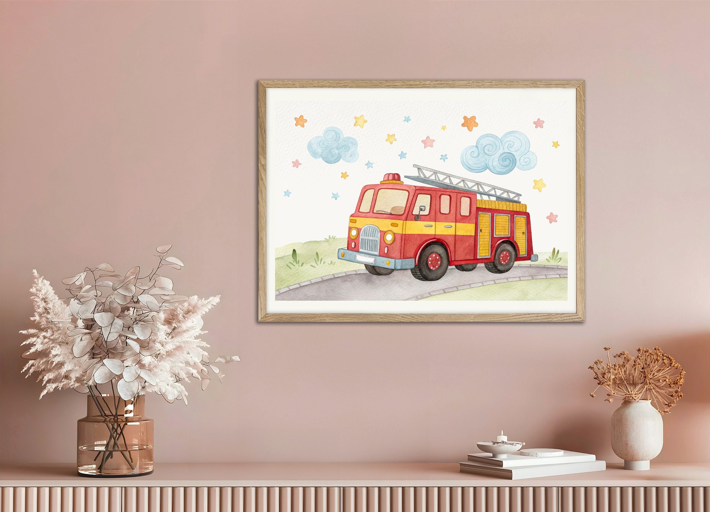 Poster of Fire Truck Poster - Boys Nursery Wall Art, with natural wooden frame