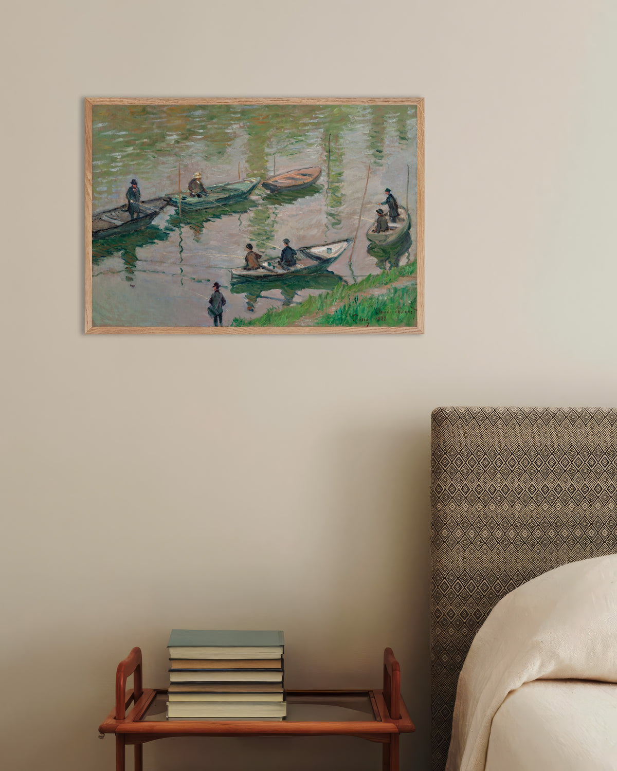 Poster Pescatori sulla Senna a Poissy (1882) di Claude Monet con cornice in legno naturale