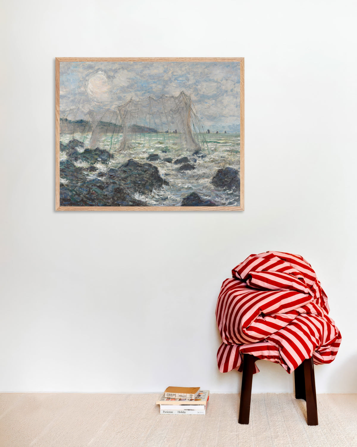 Poster Reti da pesca a Pourville (1882) di Claude Monet con cornice in legno naturale