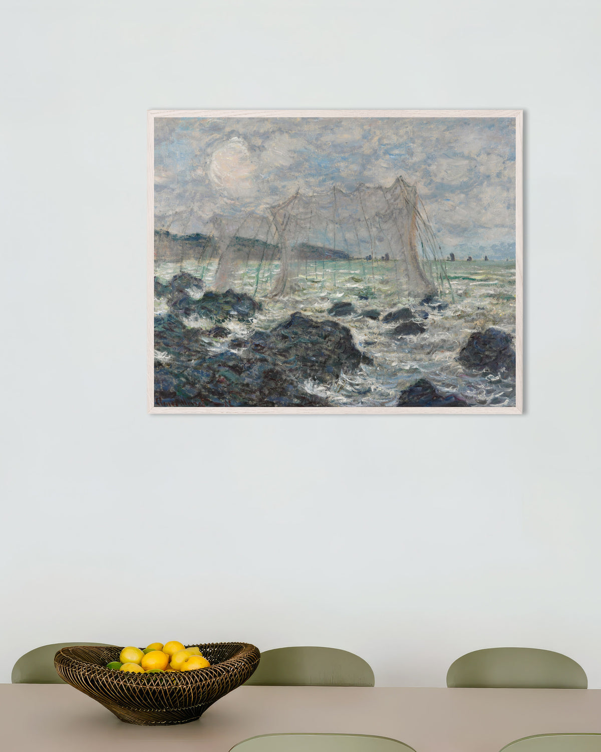Poster Reti da pesca a Pourville (1882) di Claude Monet con cornice in legno bianco