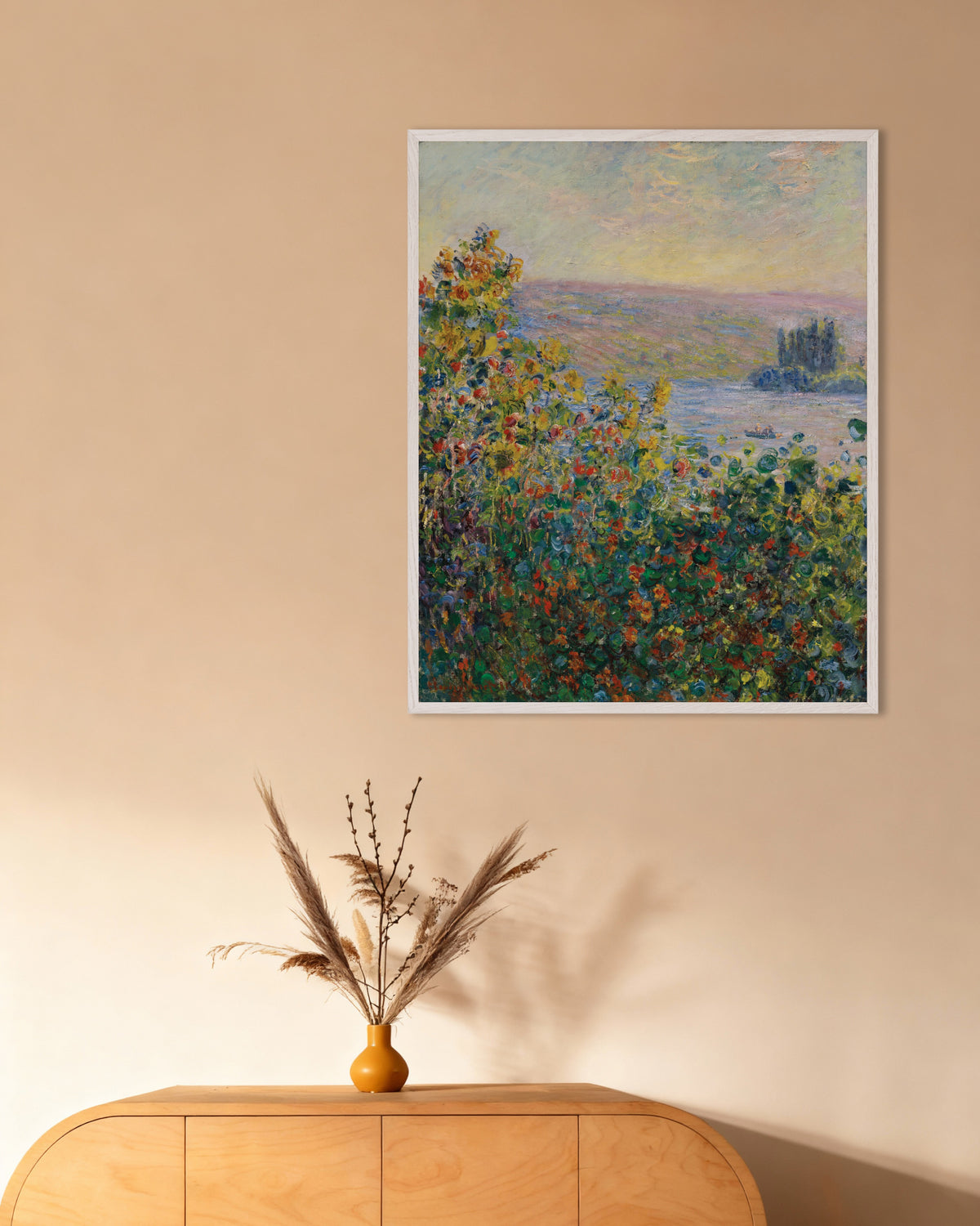 Poster Aiuole a Vétheuil (1881) di Claude Monet con cornice in legno bianco
