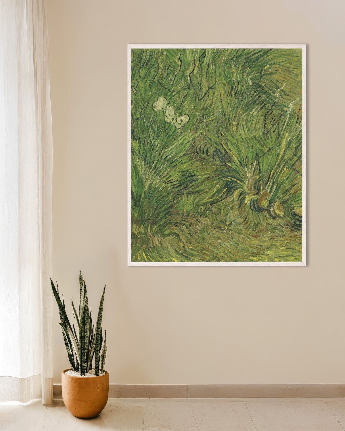 Poster di Giardino con farfalle (1889) di Vincent van Gogh, con cornice in legno bianco