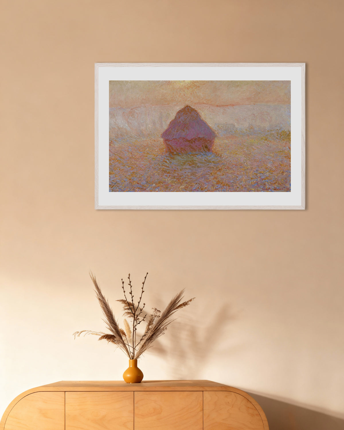 Poster Covone, sole nella nebbia (1891) di Claude Monet con cornice in legno bianco