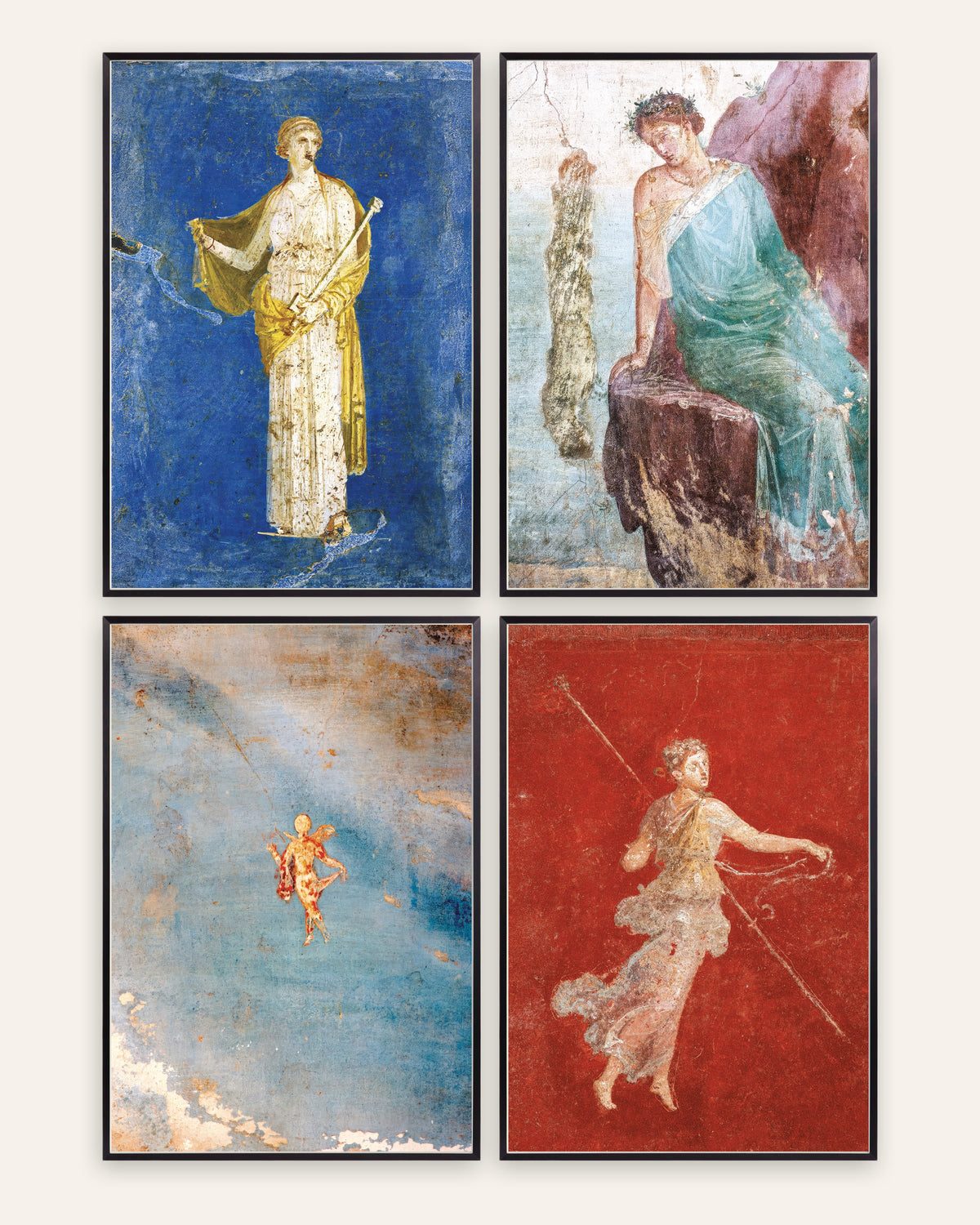 Poster affreschi romani, set da 4: Medea, Icaro, Psiche e menade, con cornici in metallo nero