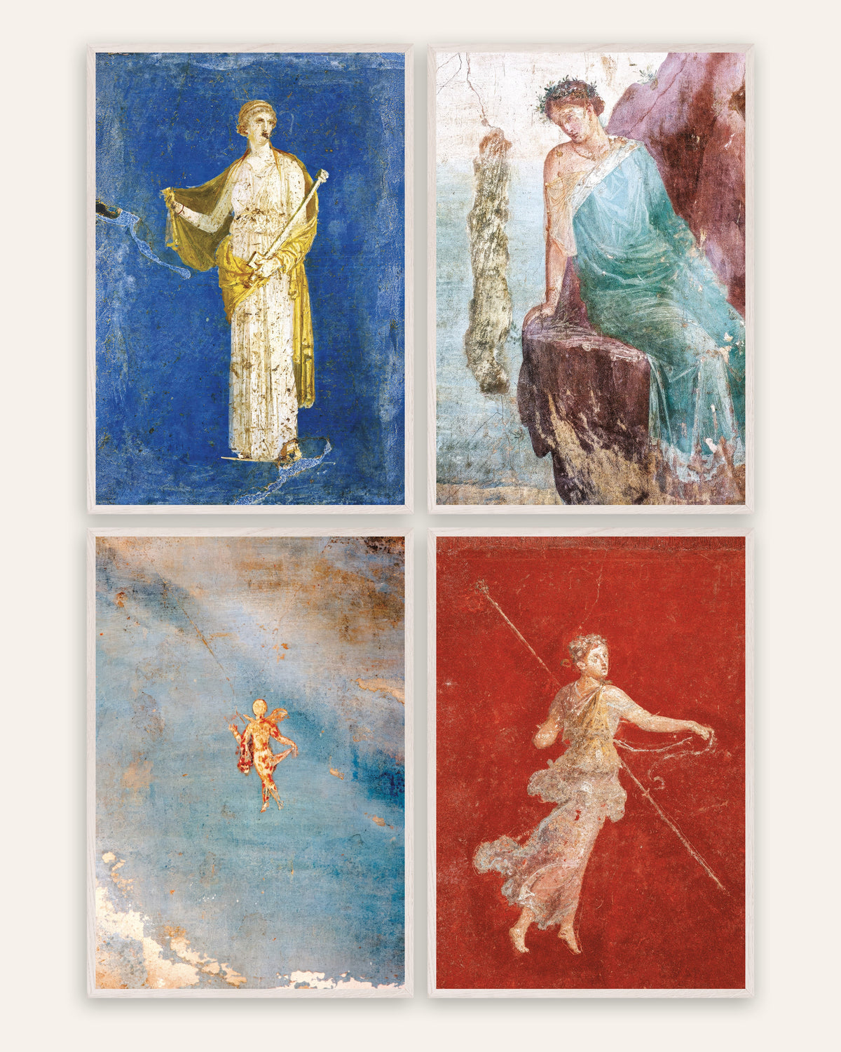 Poster affreschi romani, set da 4: Medea, Icaro, Psiche e menade, con cornici in rovere bianco