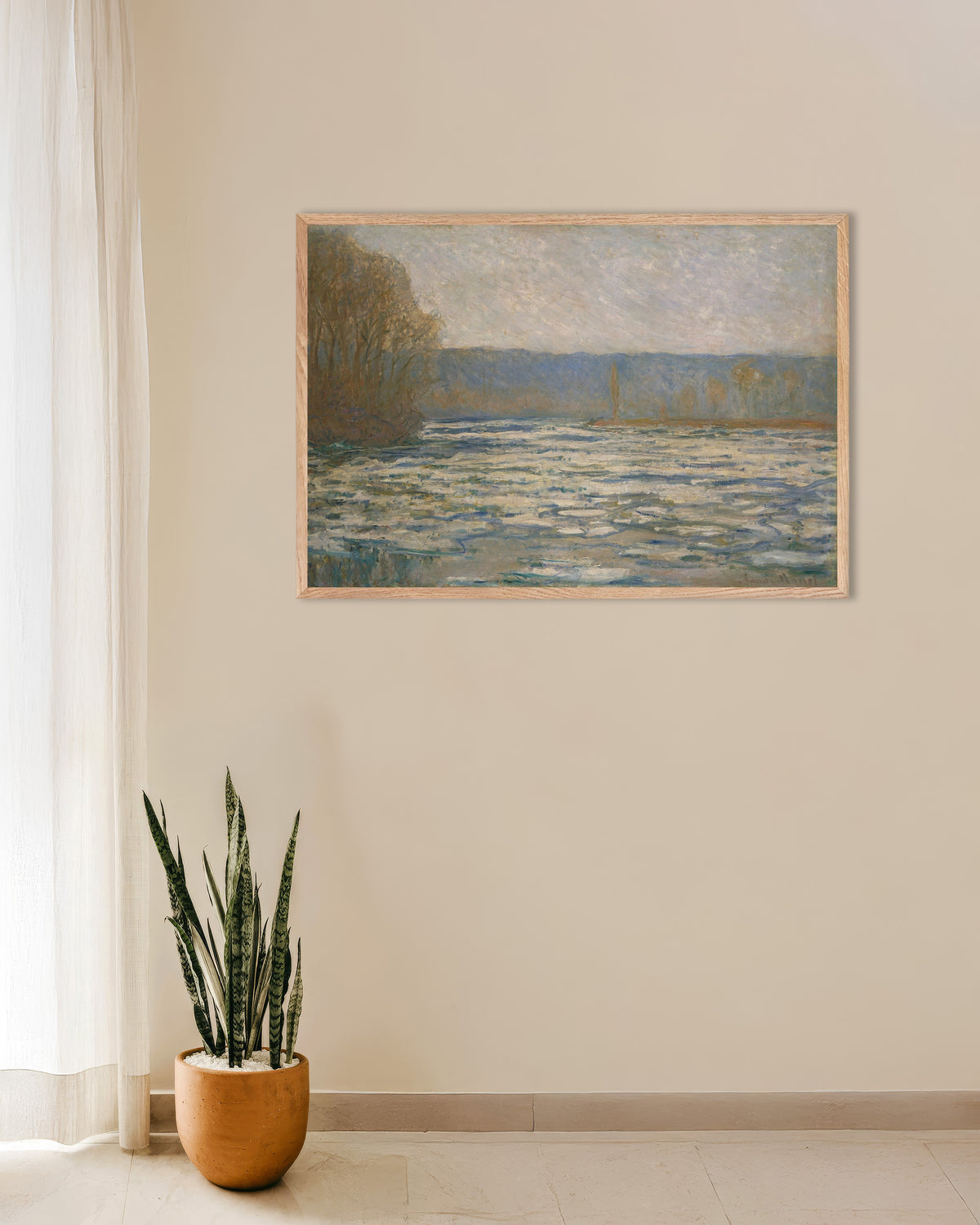 Poster Disgelo sulla Senna vicino a Bennecourt (1893) di Claude Monet con cornice in legno naturale
