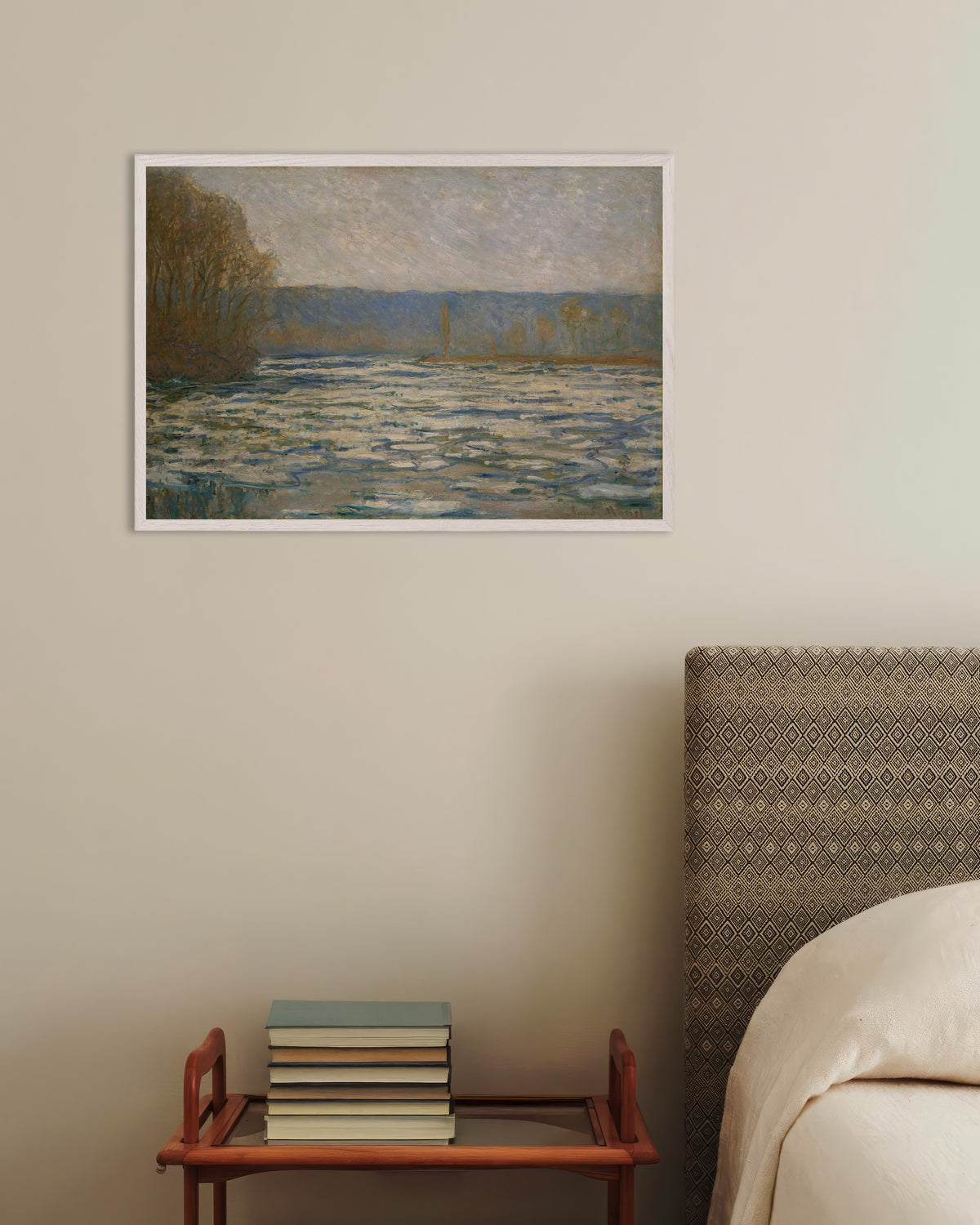 Poster Disgelo sulla Senna vicino a Bennecourt (1893) di Claude Monet con cornice in legno bianco