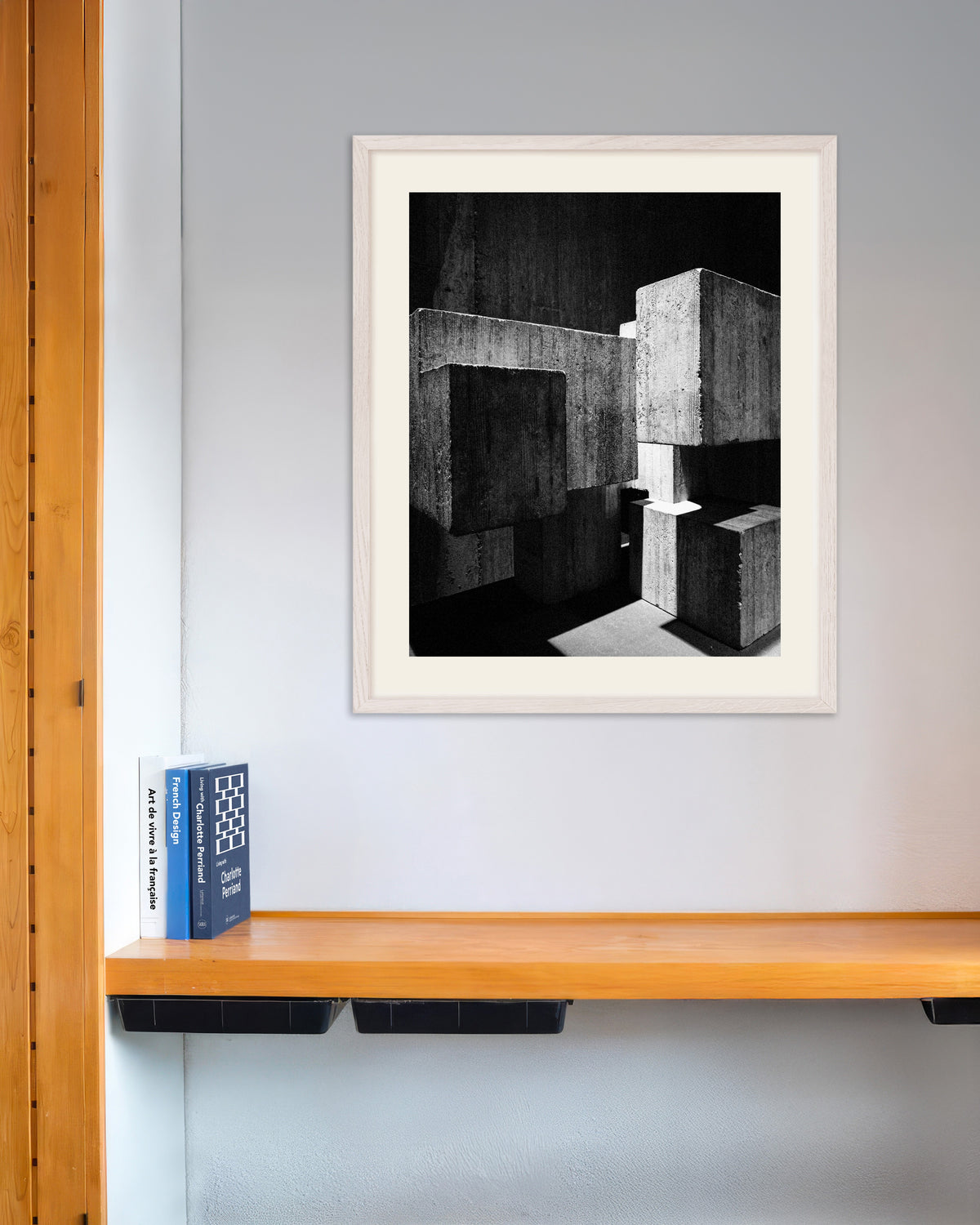 Poster «Cubi di cemento a incastro», con cornice in legno bianco