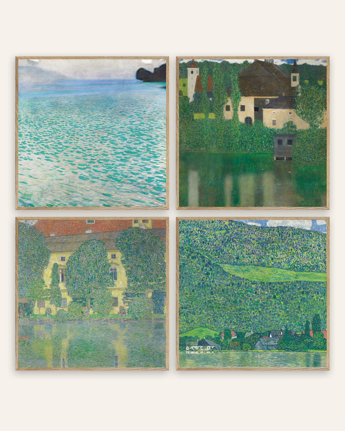Poster Klimt, set da 4: l’Attersee, il castello di Kammer e Litzlberg, con cornici in rovere naturale