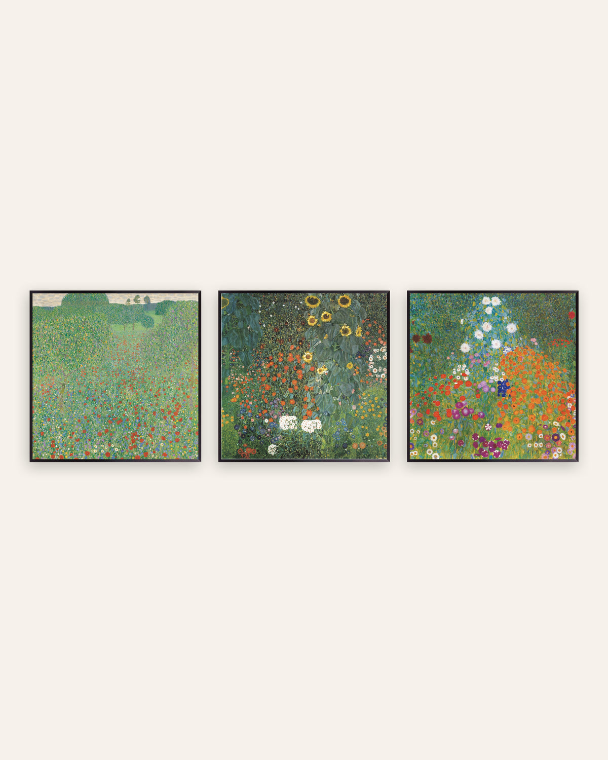Poster Klimt, set da 3: Campo di papaveri, Giardino con girasoli e Giardino di campagna, con cornici in metallo nero