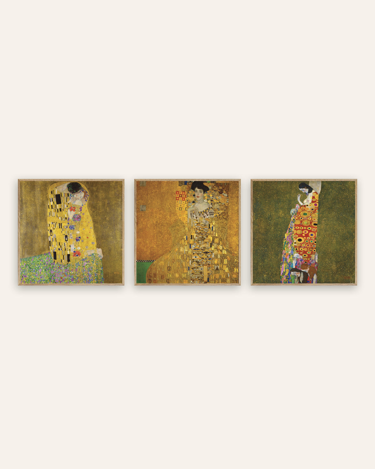 Poster Klimt, set da 3: Il bacio, Adele Bloch-Bauer I e La speranza II, con cornici in rovere naturale