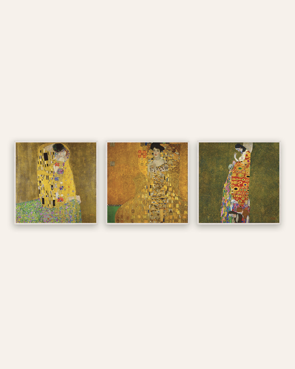Poster Klimt, set da 3: Il bacio, Adele Bloch-Bauer I e La speranza II, con cornici in rovere bianco