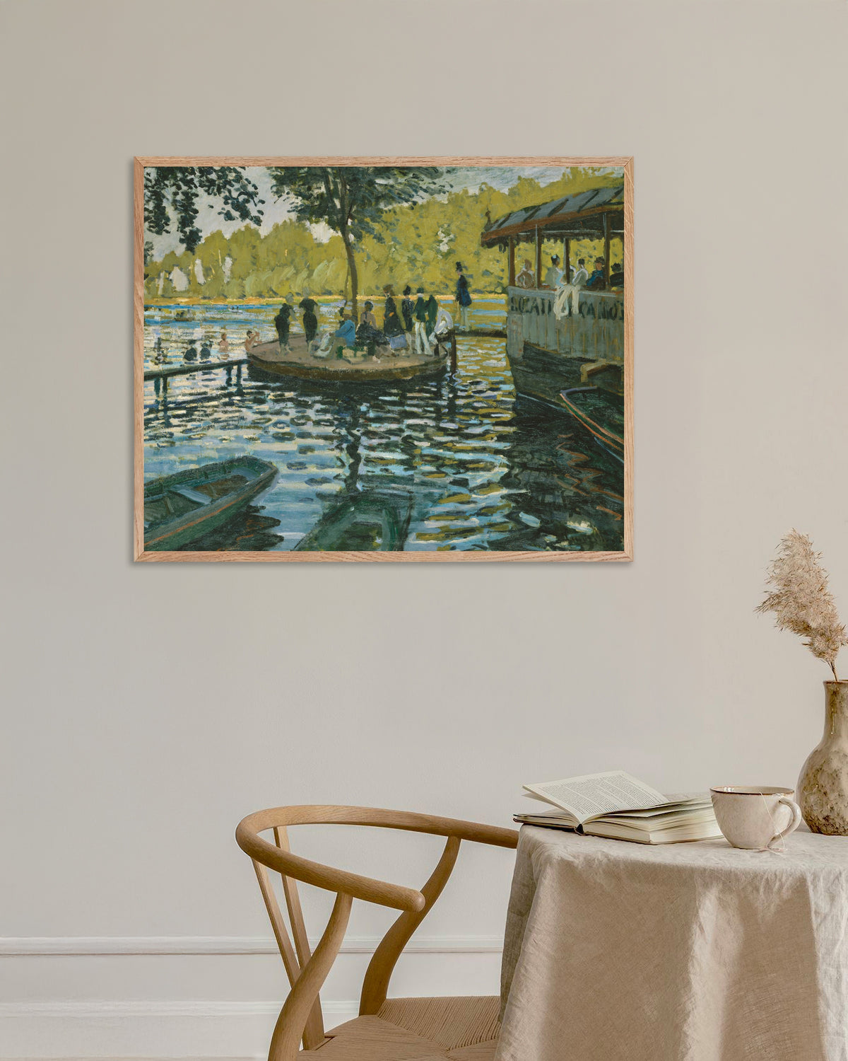 Poster La Grenouillère (1869) di Claude Monet con cornice in legno naturale