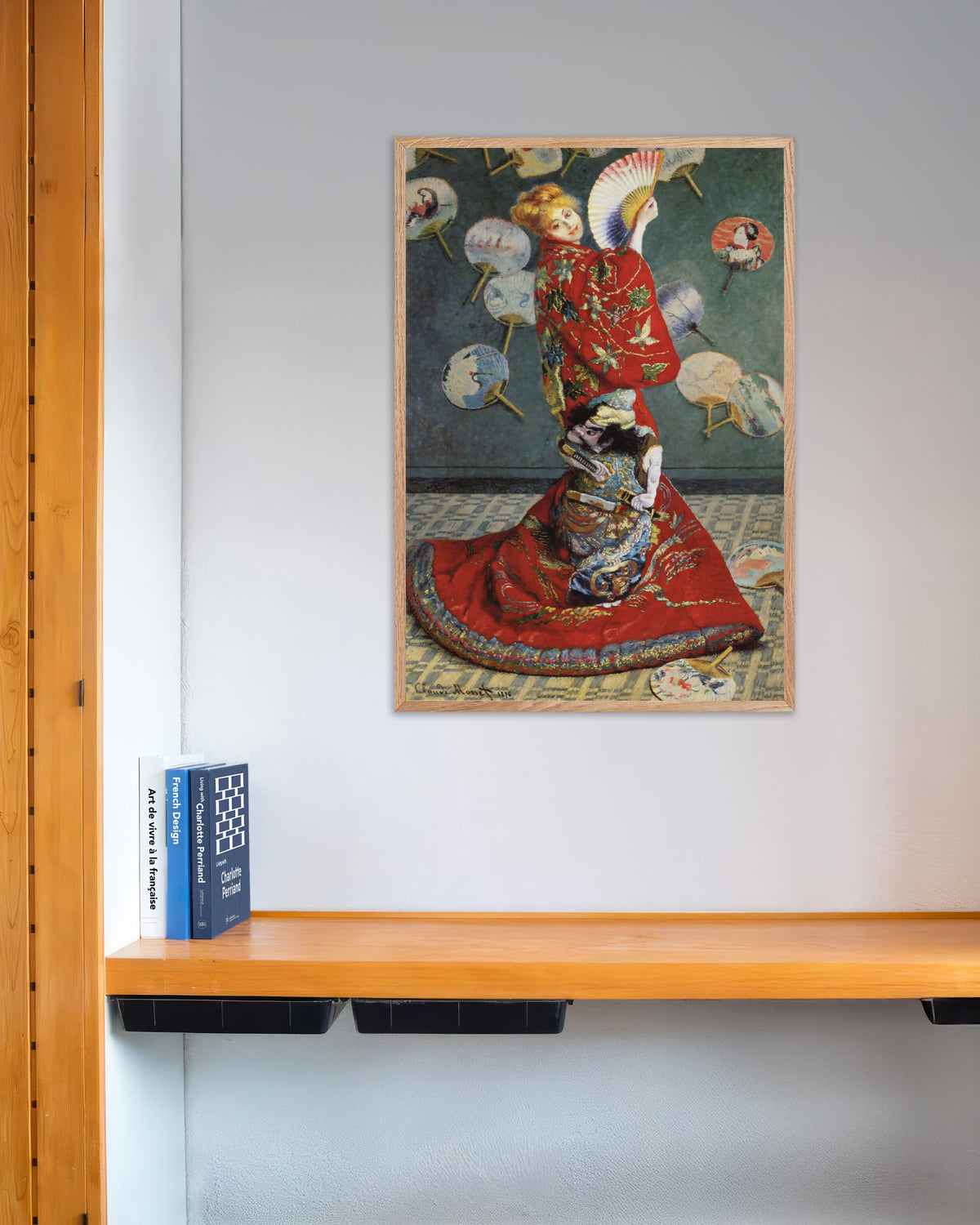 Poster La Japonaise, Camille Monet in costume giapponese (1876) di Claude Monet con cornice in legno naturale