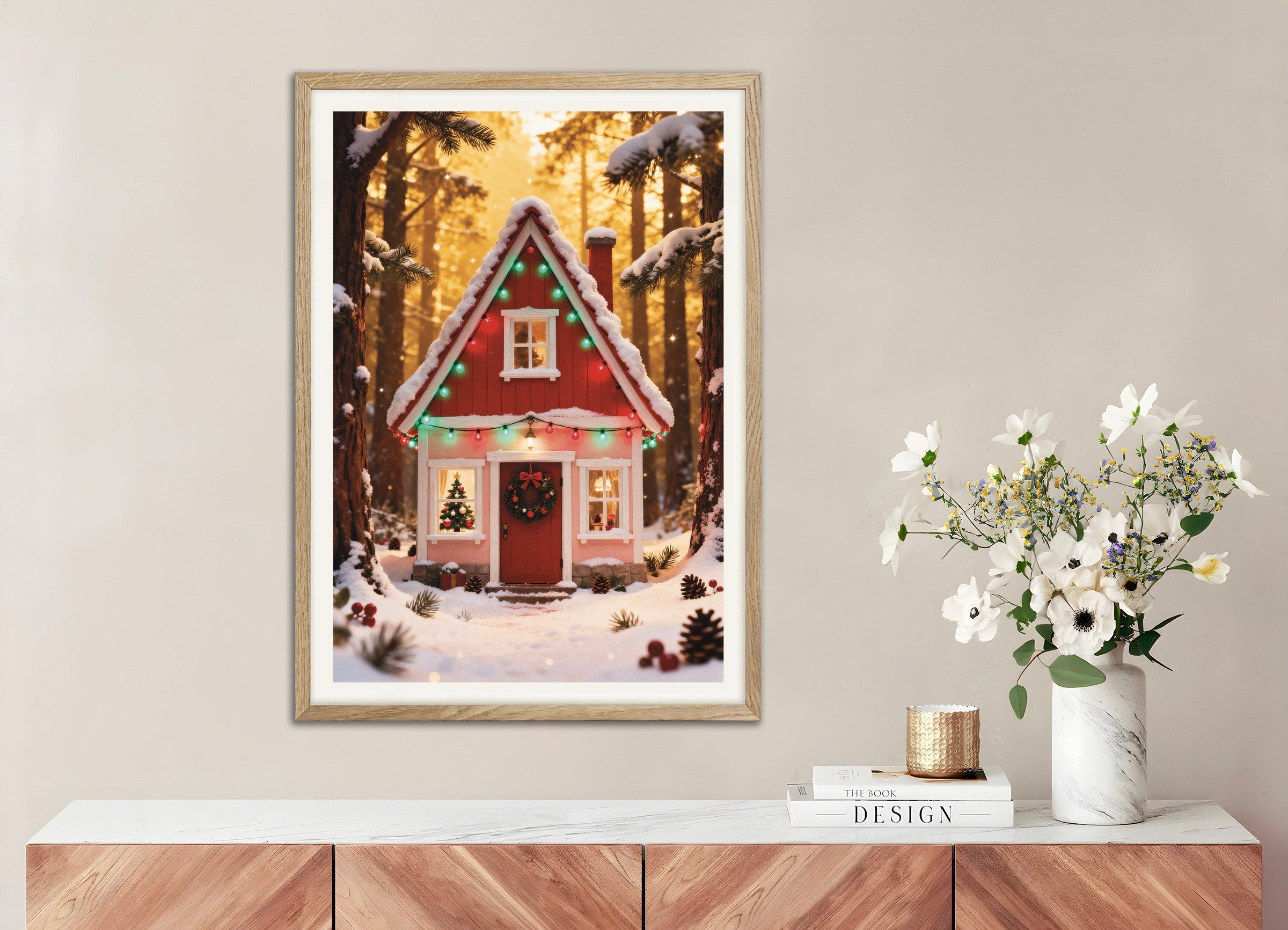 Poster of Little red elf house poster, with natural wooden frame