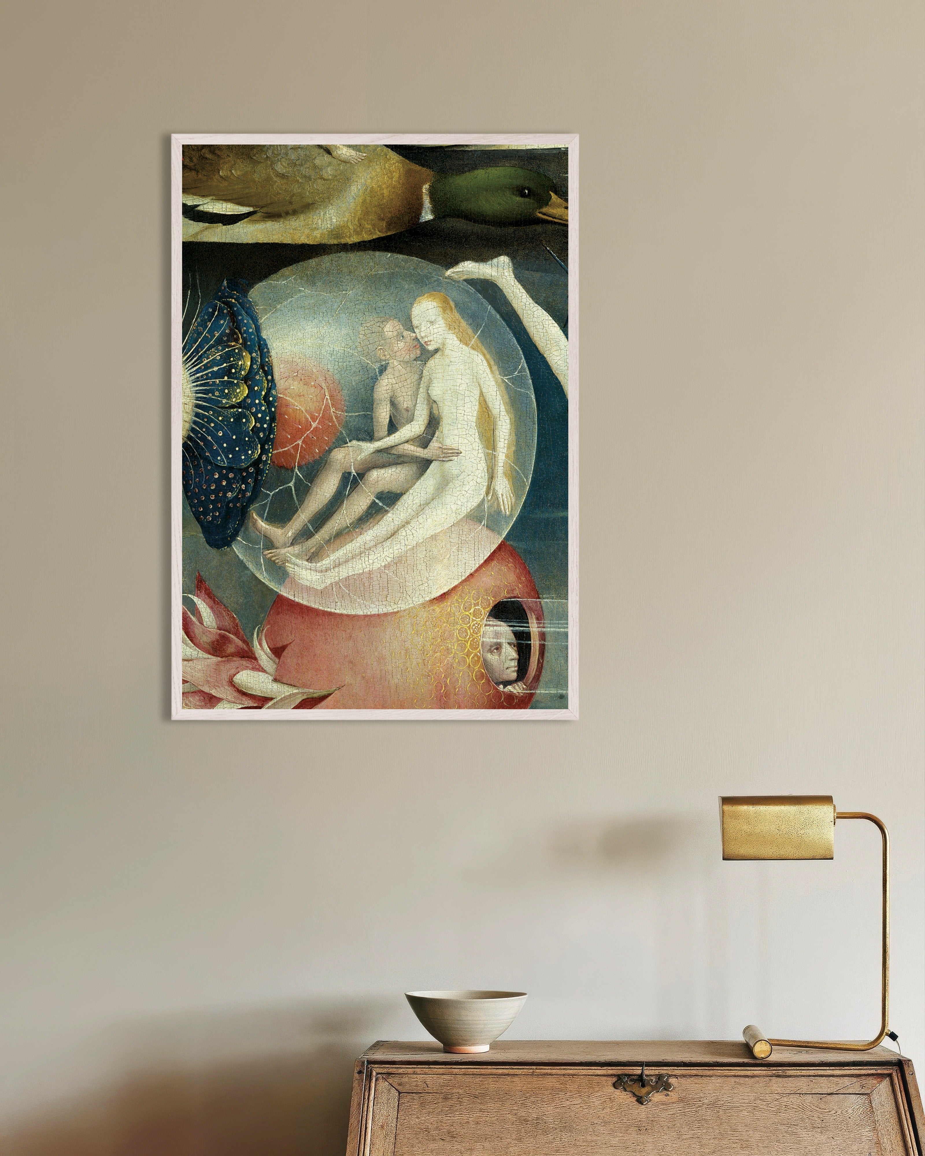 Poster of Lovers in a bubble - Detail from The Garden of Earthly Delights, with white wooden frame