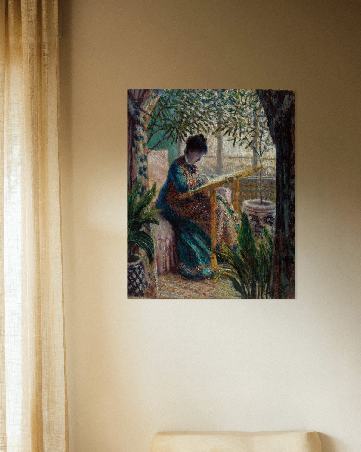 Poster Madame Monet ricama (1875) di Claude Monet