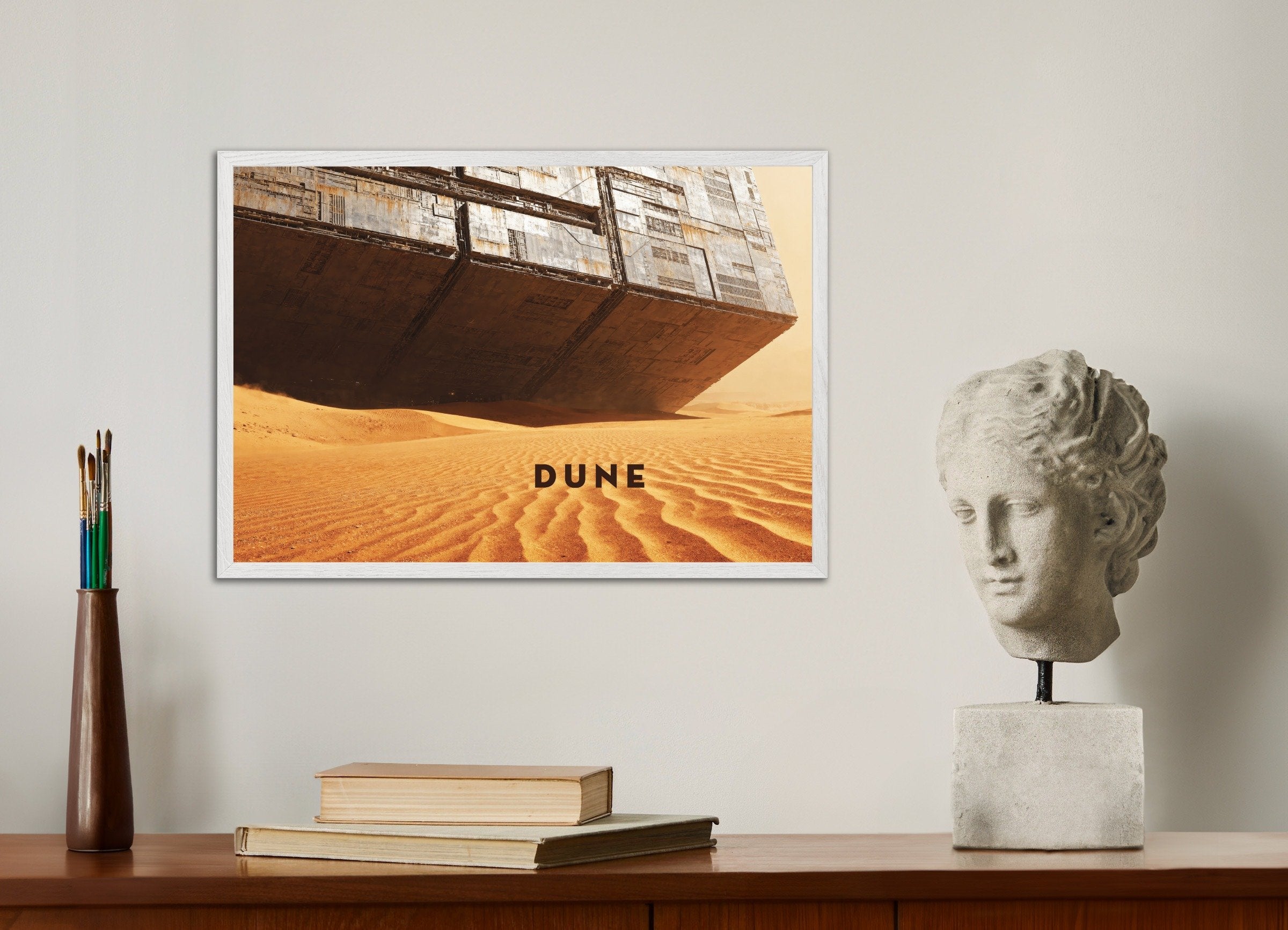 Poster of Massive Desert Structure - Dune Poster, Sci-Fi Sand Art Print, with white wooden frame