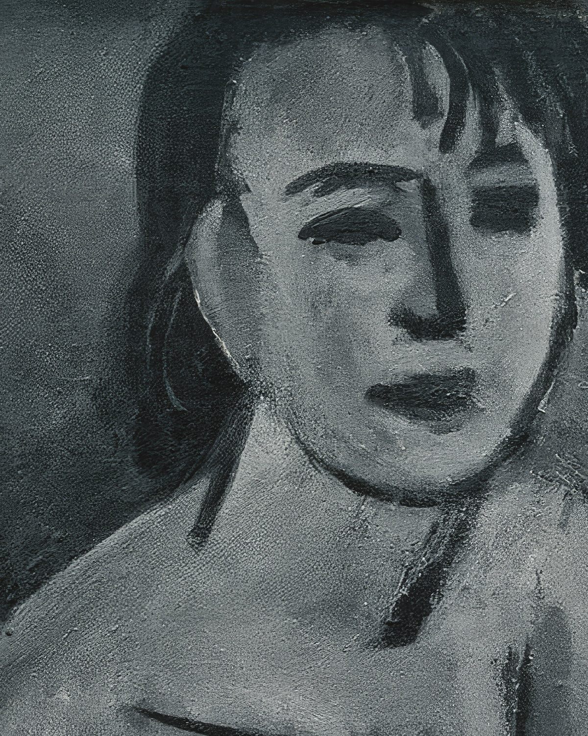 Un ritratto dipinto monocromatico del viso e delle spalle di una donna, realizzato con pennellate in scala di grigi su uno sfondo grigio scuro.
