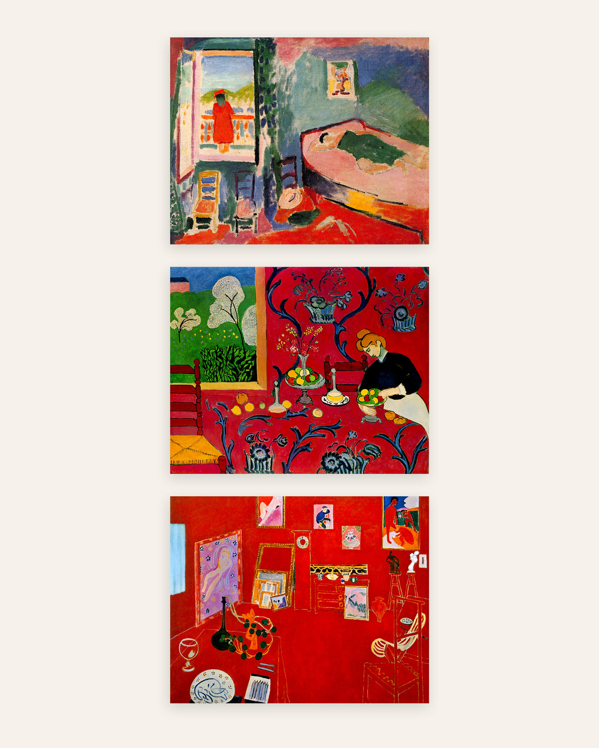 Poster Matisse, set da 3: Interno a Collioure, Armonia in rosso e Lo studio rosso, senza cornice